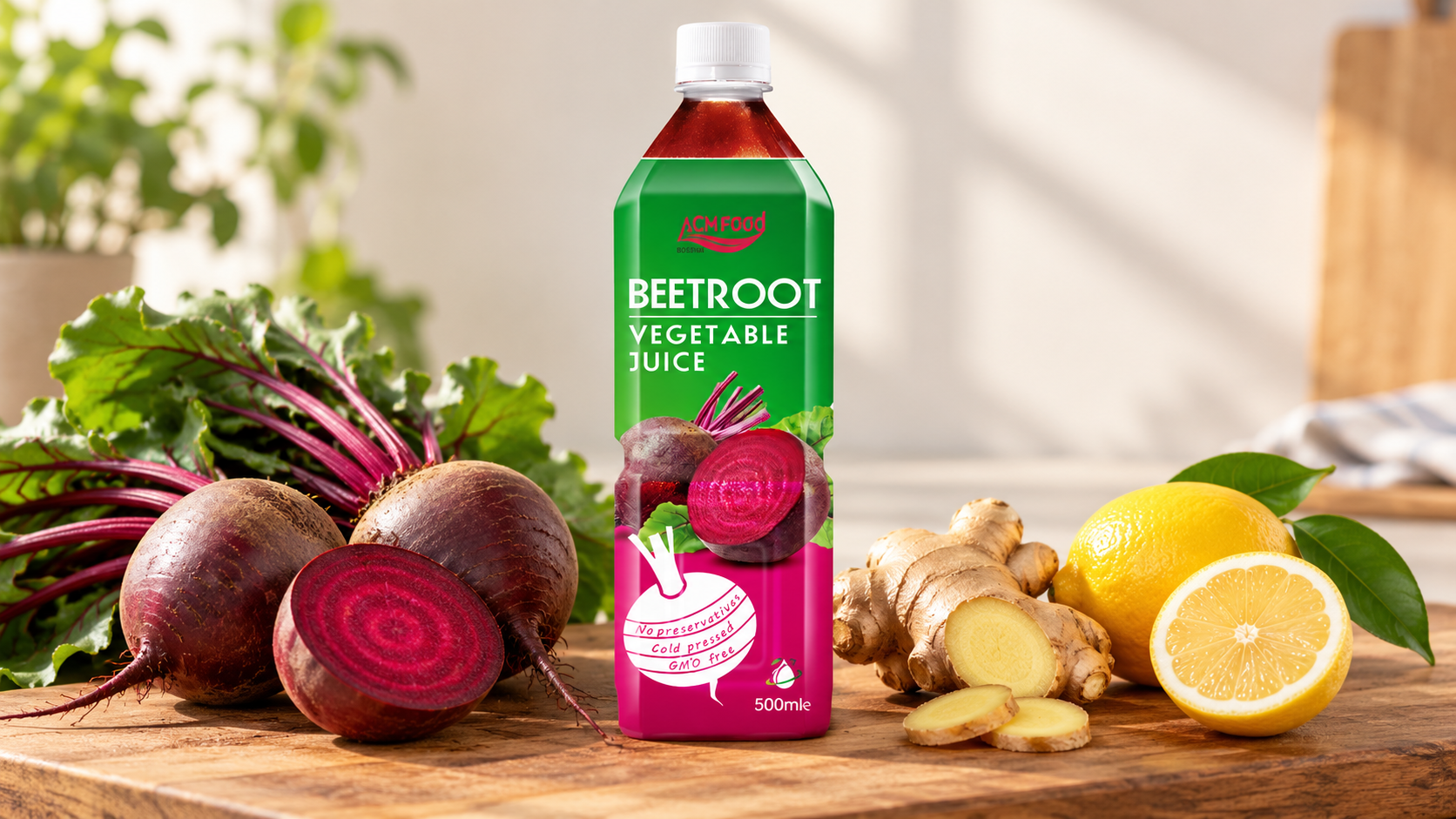 Fresh beetroots, a knob of ginger and a lemon arranged on a wooden board in warm daylight, clean minimal styling with negative space