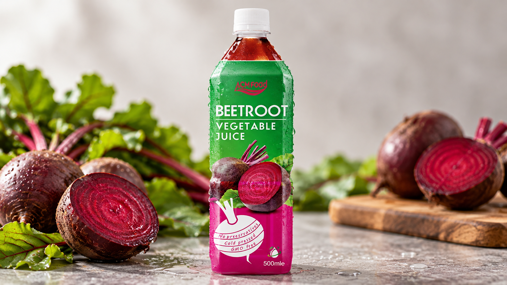 Close-up of a small amber glass shot bottle of beetroot juice with condensation on a neutral background, shallow depth of field