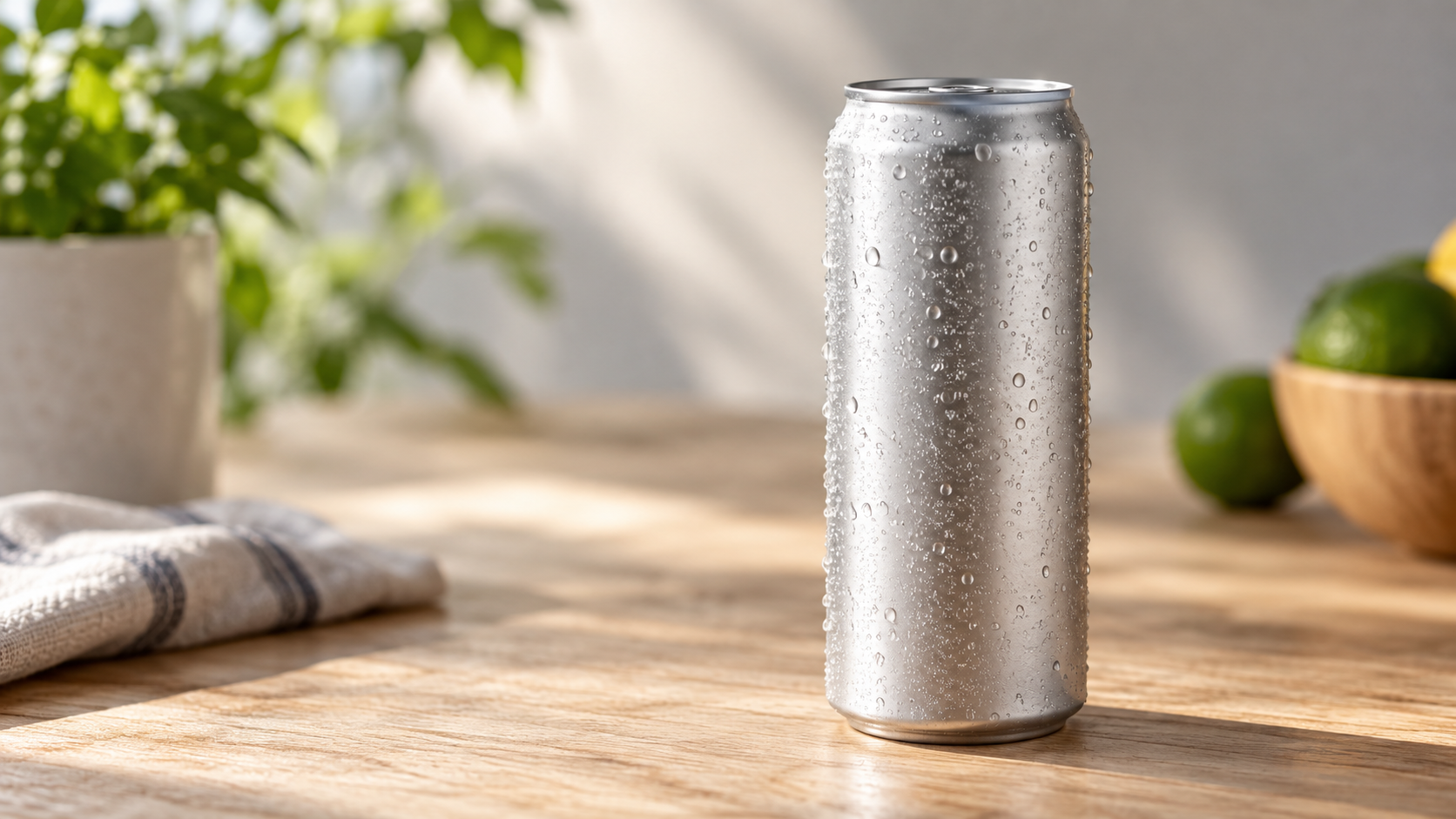 Close-up of a single unbranded slim aluminium can standing on a light wooden surface with soft directional light, a shallow depth of field blurring the background, realistic commercial product photography, landscape composition, generous negative space