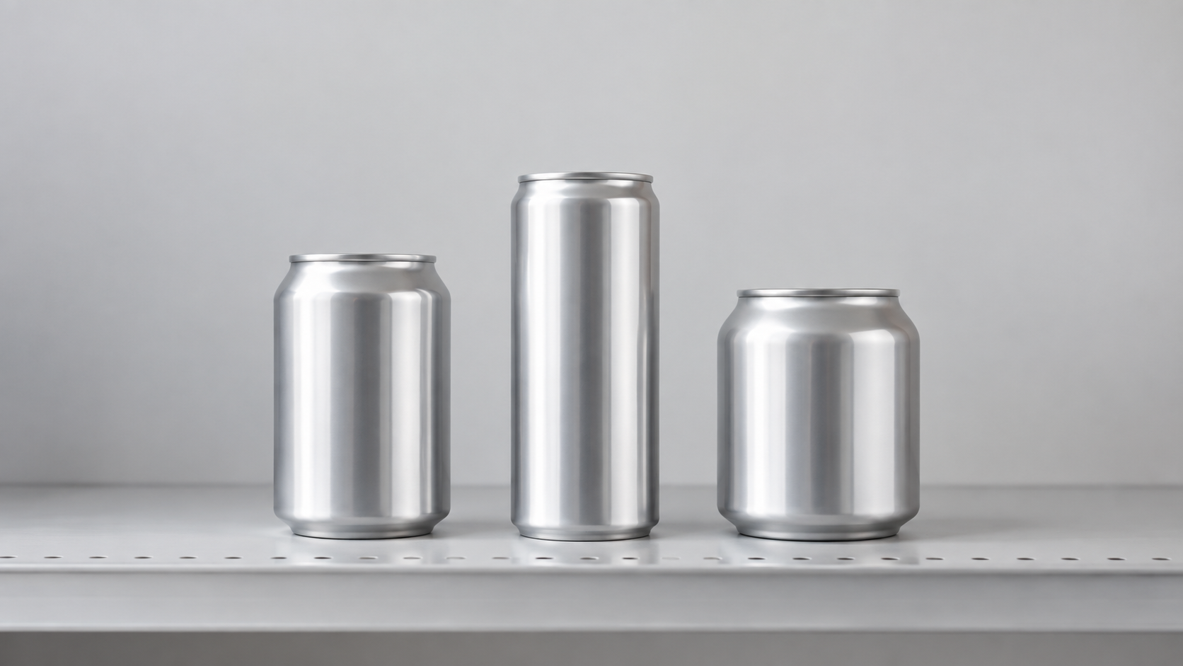 A row of finished unbranded beverage cans of three different shapes standing together on a light grey retail shelf mock-up, soft studio lighting, realistic commercial product photography, landscape composition, generous negative space above the cans