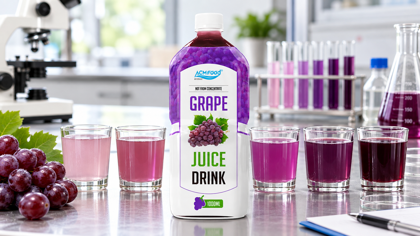 Close-up of a formulation trial with small glasses of flavored beverage samples arranged in a row on a laboratory bench, bright even lighting, realistic commercial documentation photography, landscape composition
