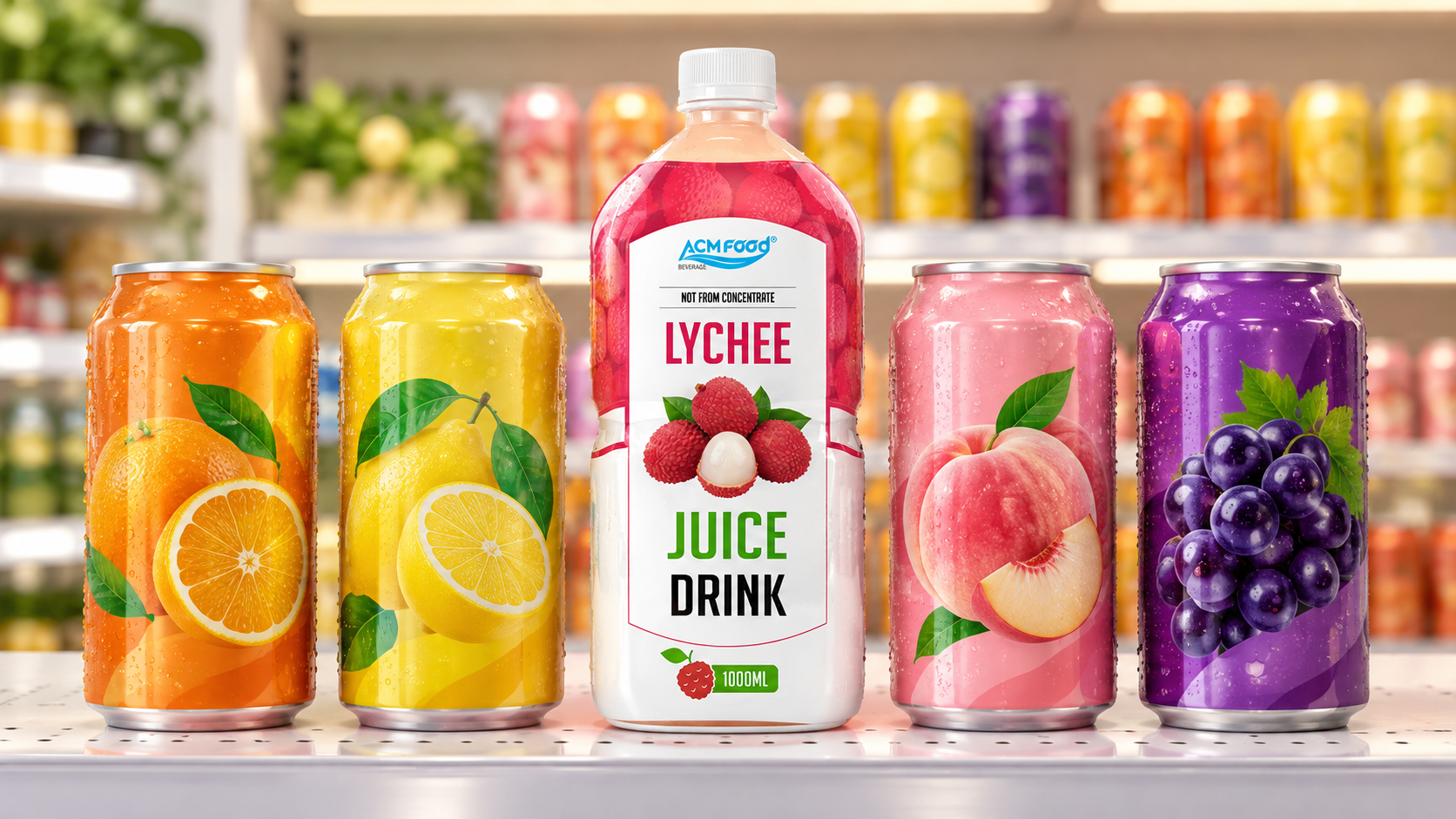 A row of finished unbranded beverage cans in different flavors standing together on a bright retail shelf mock-up, seen at eye level, warm even lighting, realistic commercial retail photography, landscape composition, no legible labels