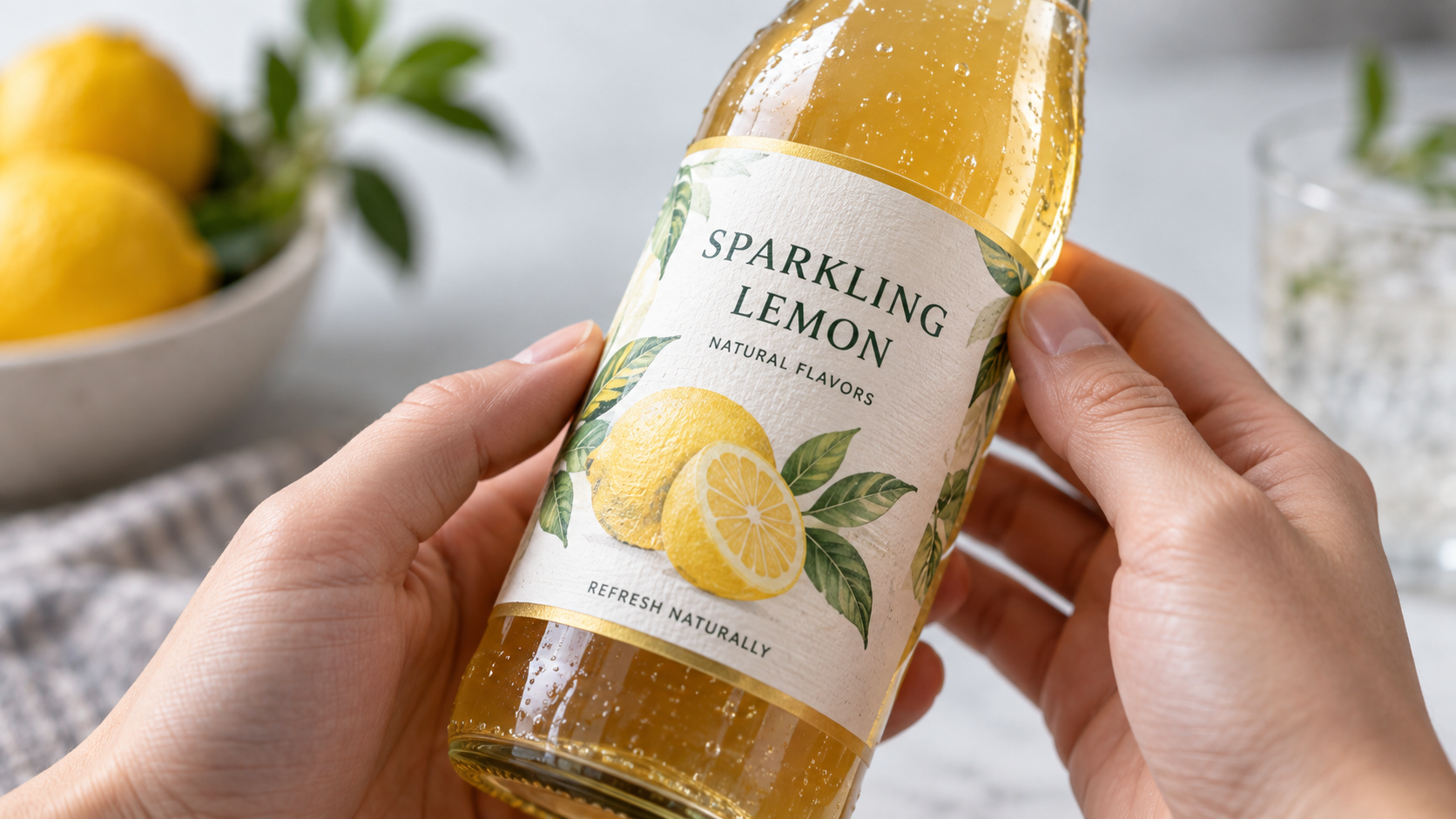 Close-up of a printed beverage label being inspected by hand under bright light, shallow depth of field, realistic commercial photography, clean neutral background