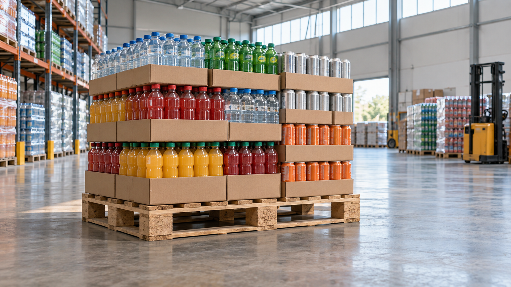 Stacked cartons of beverages on a wooden pallet in a clean warehouse, wide angle, natural light through high windows, realistic commercial logistics photography