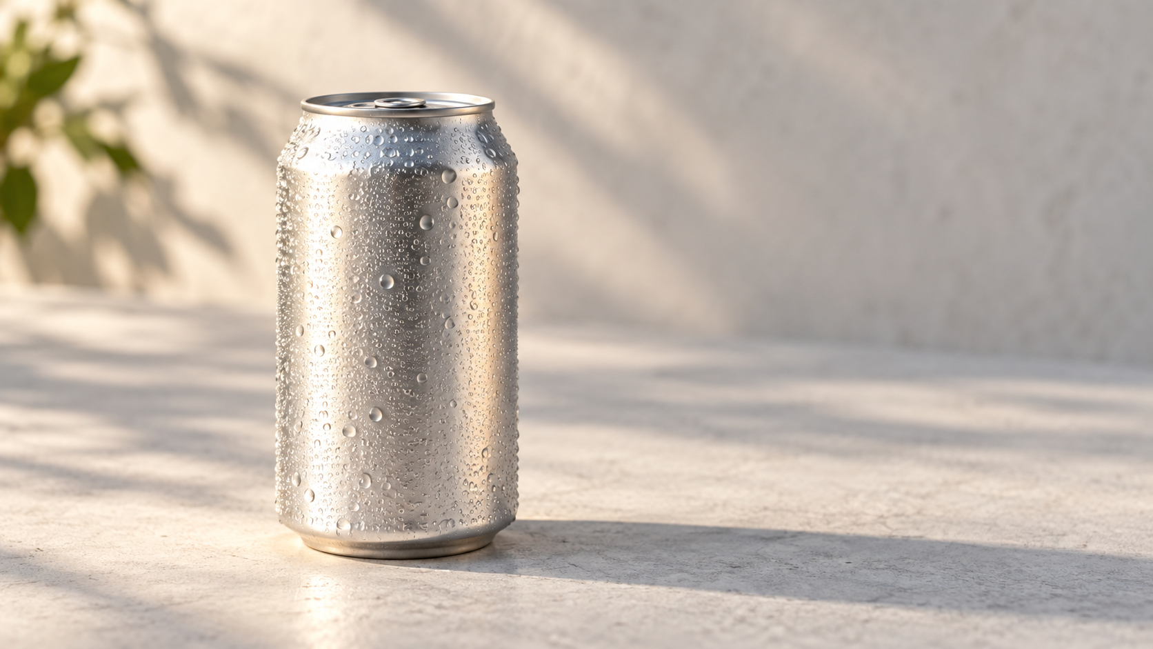 Close-up of a single unbranded 330ml aluminium can standing upright on a light grey surface with a soft shadow, condensation beads visible on the metal, warm directional daylight, generous negative space, realistic commercial product photography, landscape composition