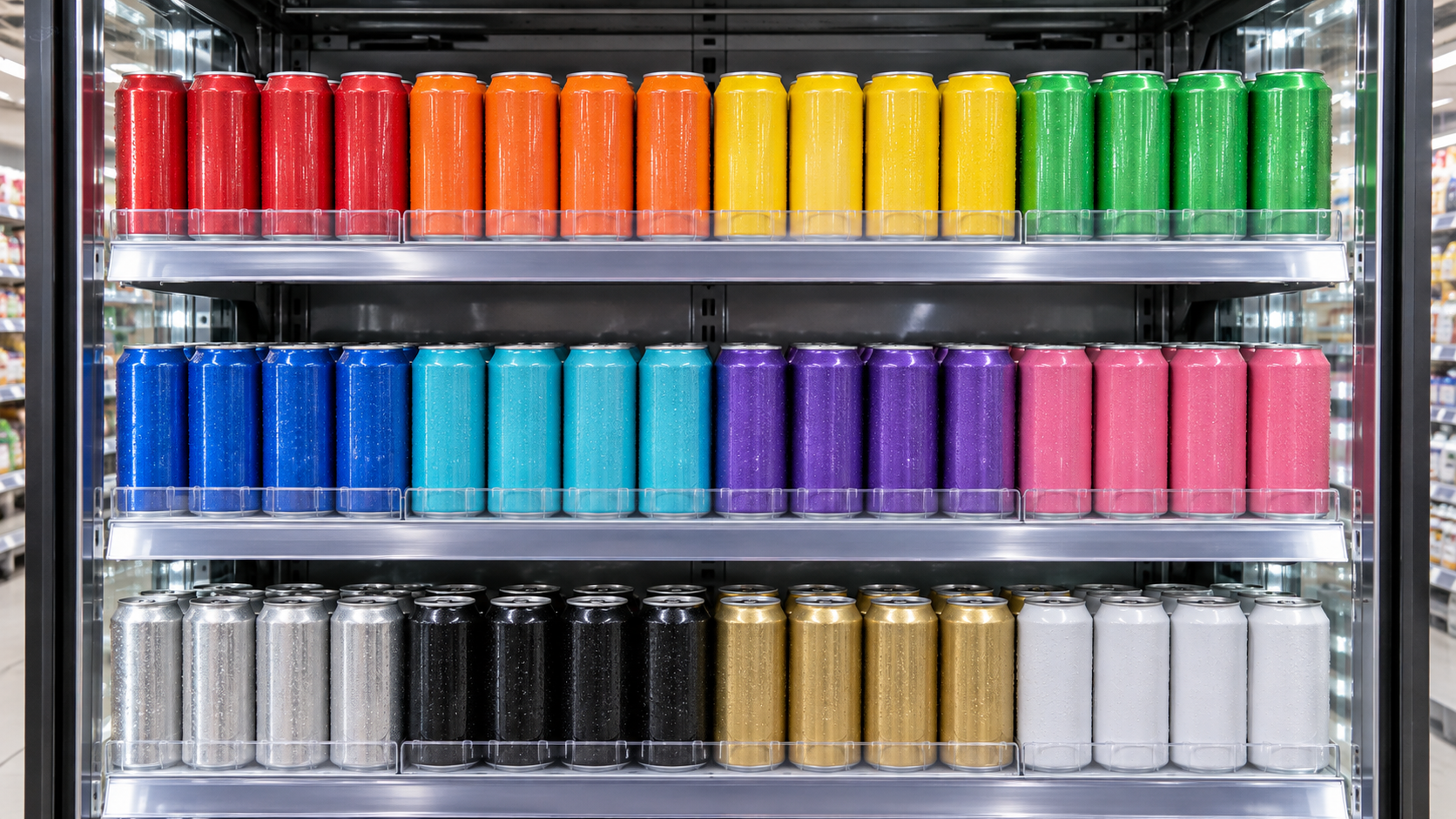 A retail chiller shelf stocked with rows of unbranded beverage cans of uniform height, seen at eye level from a shopper's perspective, bright even retail lighting, realistic commercial retail photography, landscape composition, no legible labels