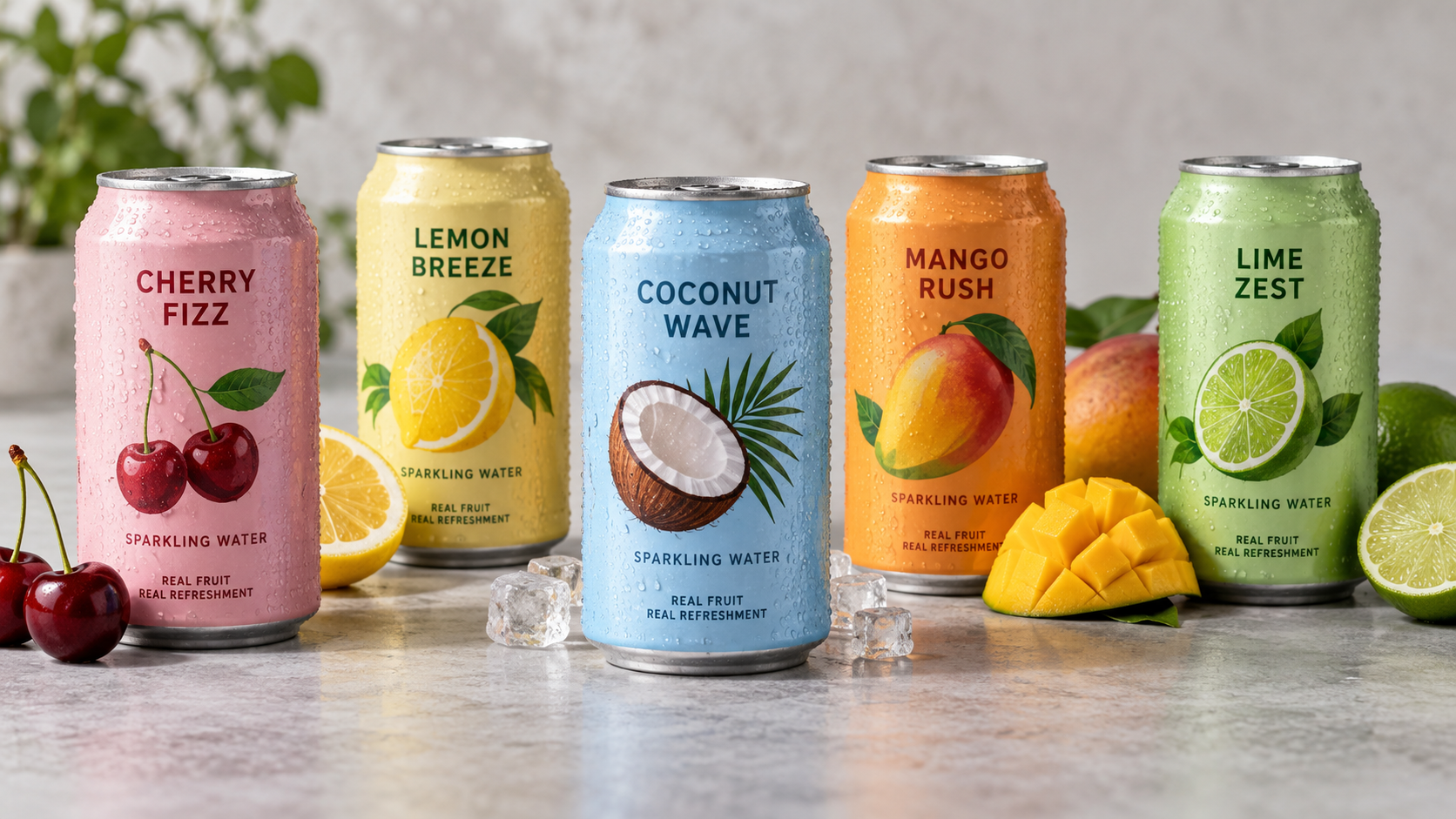 Several beverage cans with different label designs arranged on a neutral surface showing packaging variety, clean studio lighting, realistic commercial product photography, landscape composition