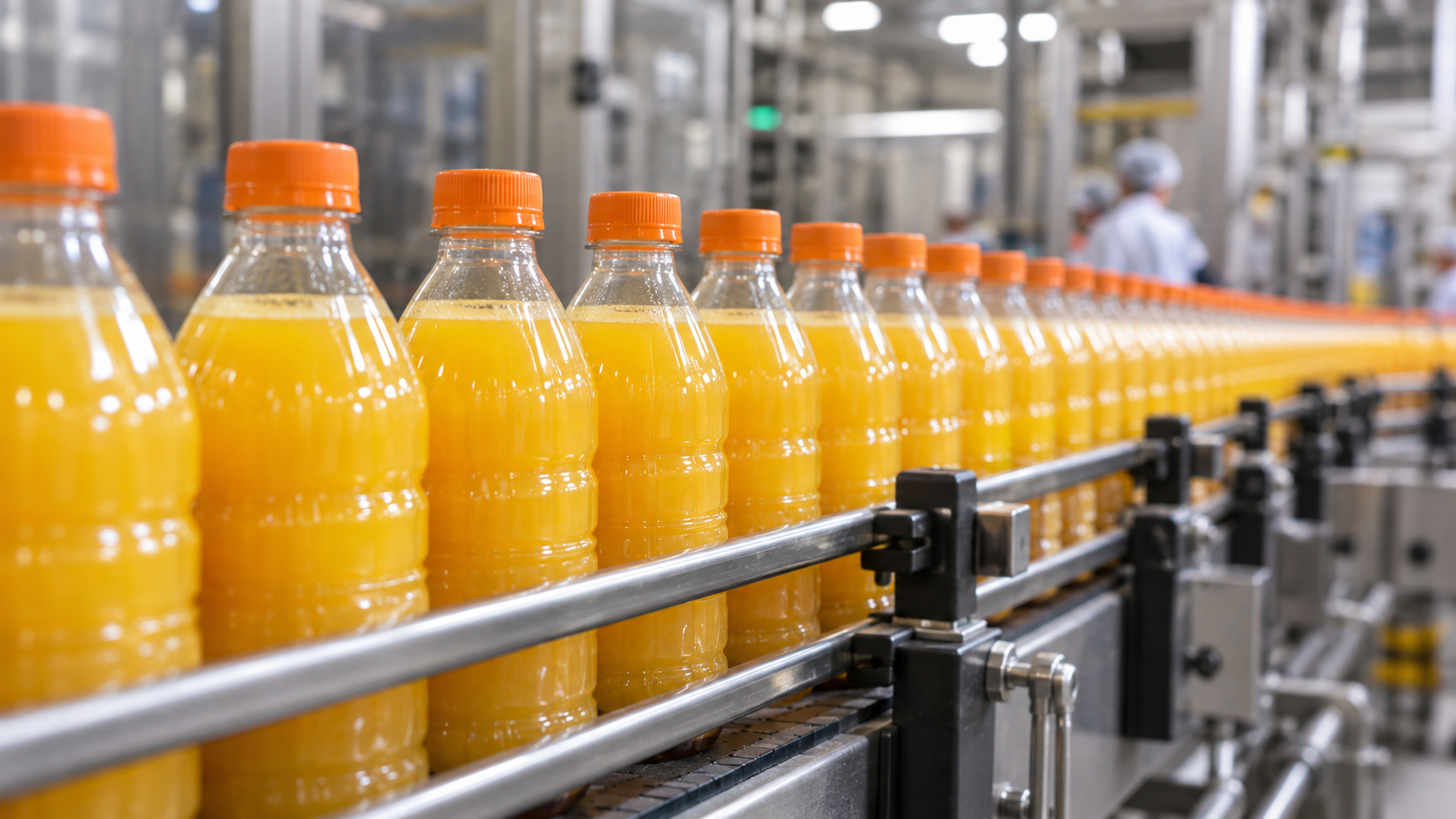 Rows of filled beverage bottles moving along a production line with focus on the bottles, industrial environment softly out of focus behind, realistic documentary photography