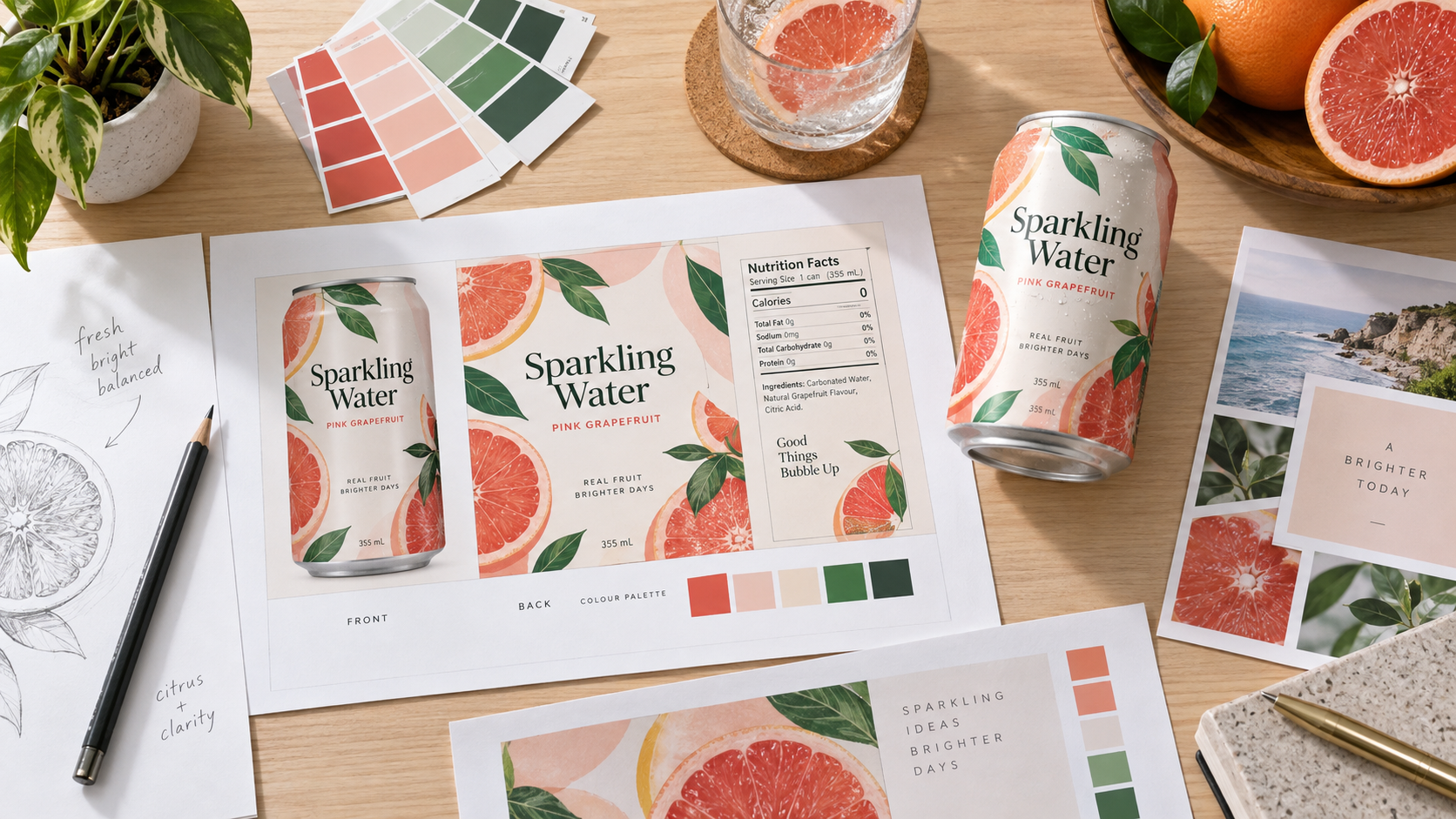 Flat lay of beverage label artwork proofs, colour swatches and a sample can on a designer desk, bright even daylight, realistic commercial photography