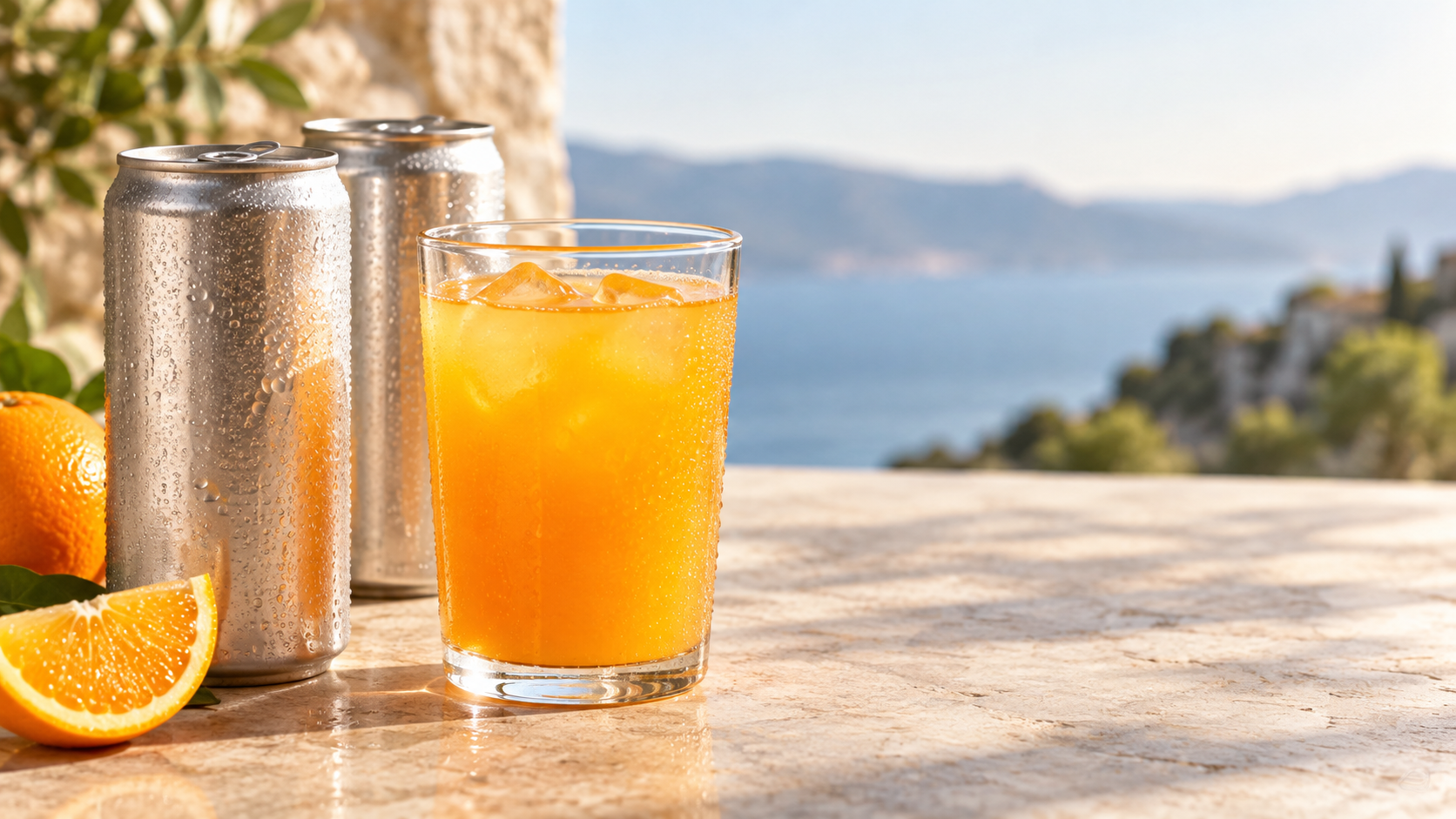 Close-up of two unbranded aluminium cans and a clear glass of chilled orange-coloured juice on a pale stone surface, condensation on the glass, warm directional daylight, shallow depth of field, generous negative space to the right, realistic commercial product photography, landscape composition