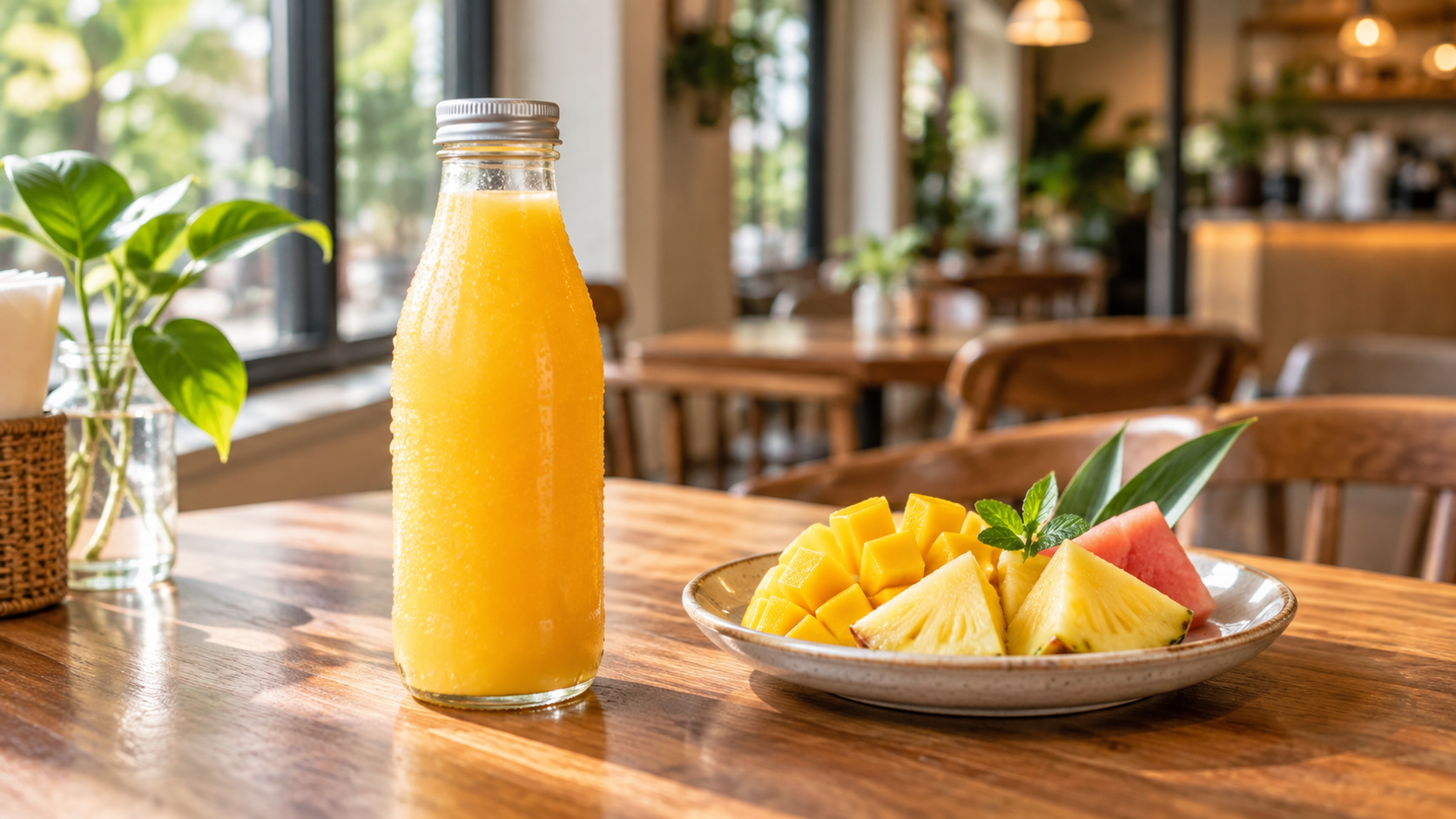 A finished unbranded beverage bottle on a cafe table beside a small plate of sliced tropical fruit, soft window light, a blurred warm interior in the background, realistic commercial lifestyle photography, landscape composition, no legible labels