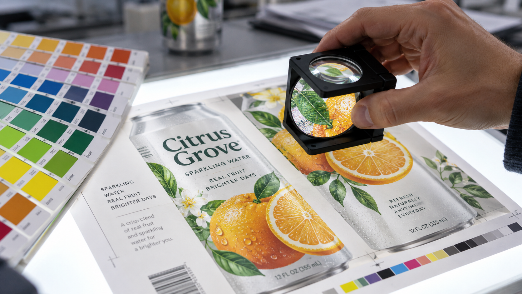 Close-up of a printed can label proof being checked against a colour swatch card on a light table, a hand holding a loupe over the artwork, cool neutral studio lighting, shallow depth of field, realistic commercial print production photography, landscape composition