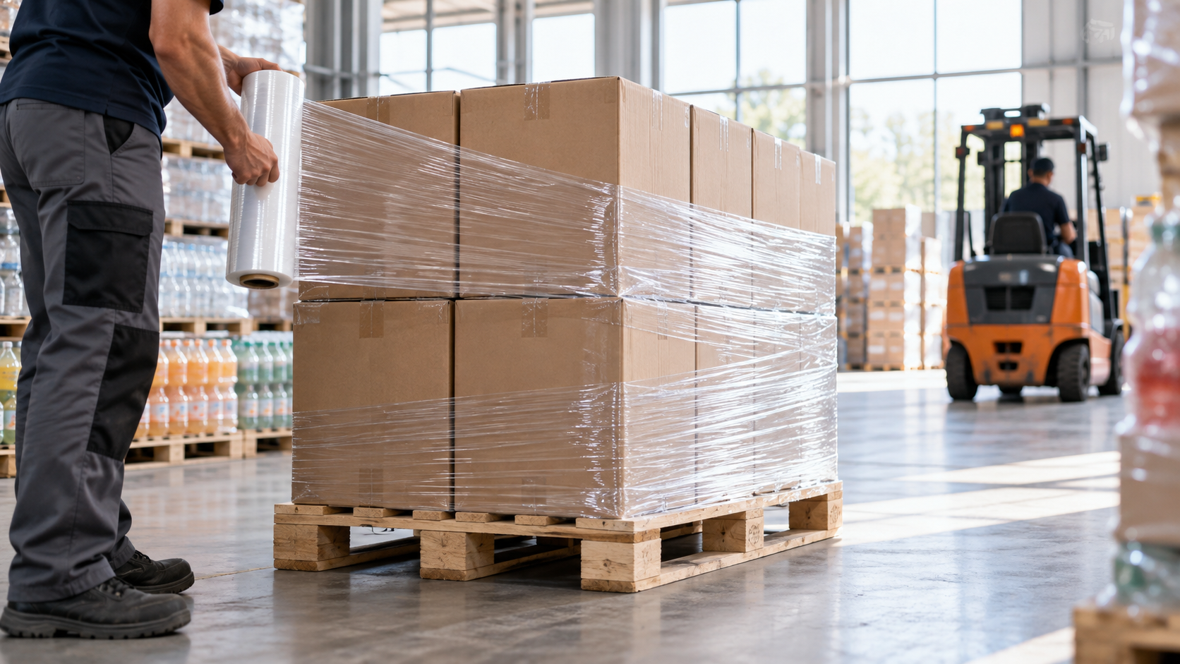 A row of sealed cartons on a pallet in a bright warehouse being wrapped for shipment, a forklift visible out of focus in the background, natural daylight through high windows, realistic commercial logistics photography, landscape composition, no visible branding