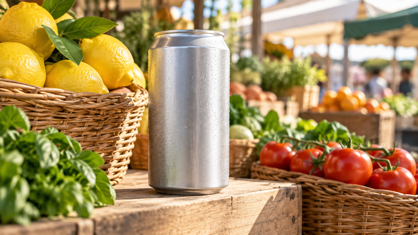 Close-up of an unbranded beverage can standing on a bright market stall shelf alongside woven baskets and fresh produce, warm natural daylight, realistic commercial retail photography, landscape composition, no legible labels