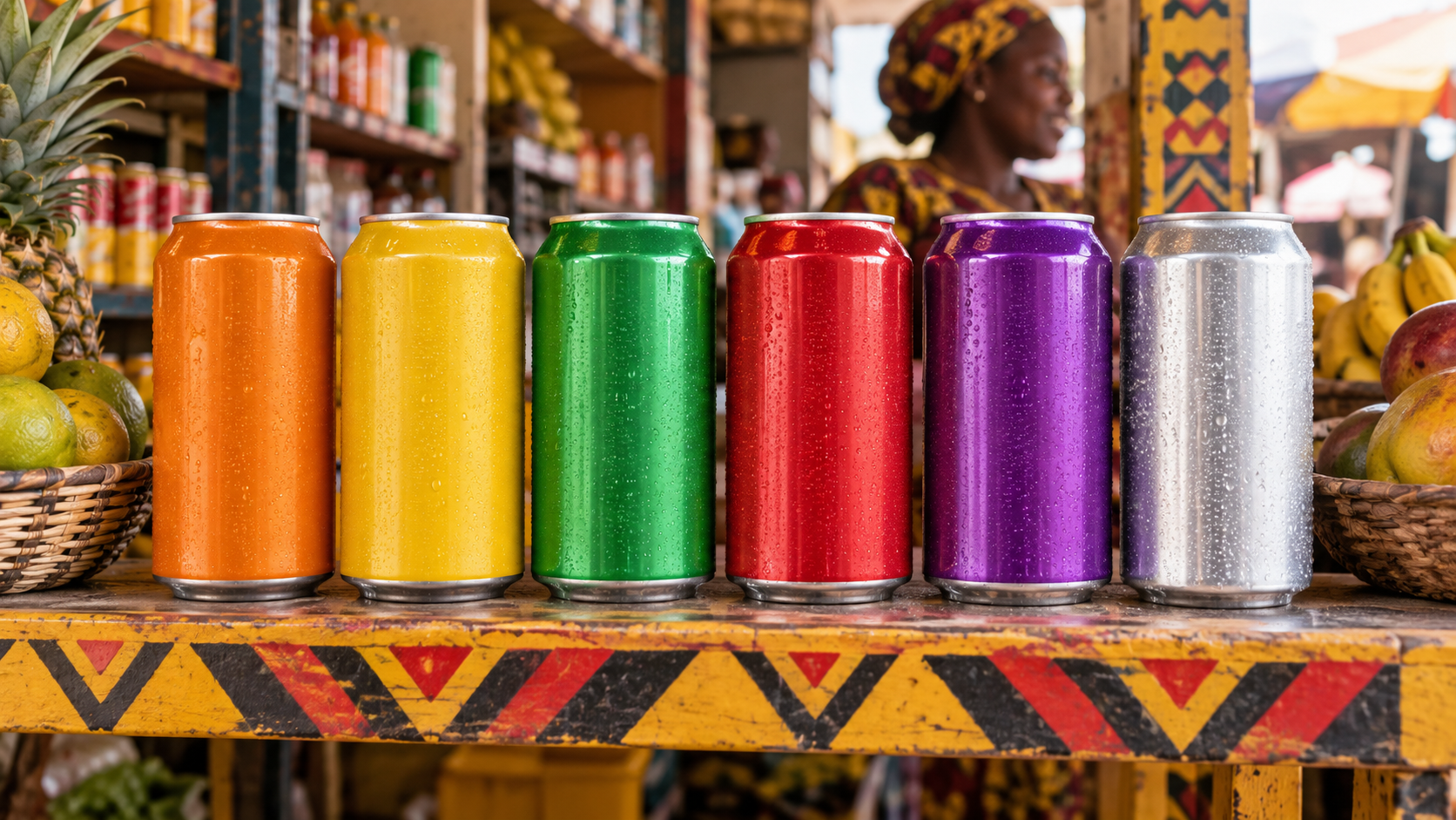 A row of finished unbranded beverage cans standing on a bright African-style market shelf, seen at eye level, warm natural retail lighting, realistic commercial retail photography, landscape composition, no legible labels