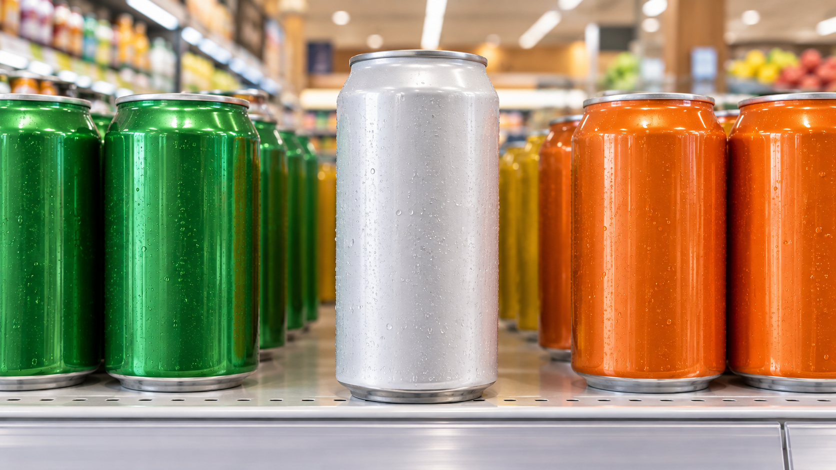 Close-up of an unbranded beverage can standing on a bright Australian-style supermarket shelf, seen at eye level, warm even retail lighting, realistic commercial retail photography, landscape composition, no legible labels