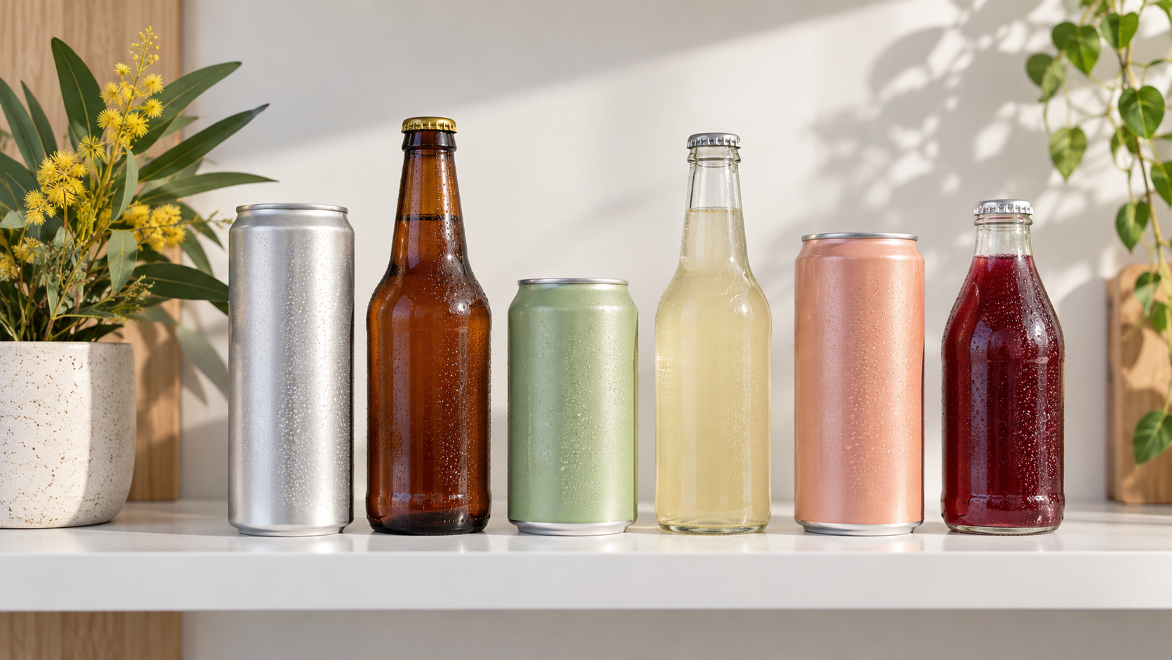 A row of finished unbranded beverage cans and bottles standing on a bright shelf mock-up beside a small potted native Australian plant, soft natural light, realistic commercial retail photography, landscape composition, no legible labels