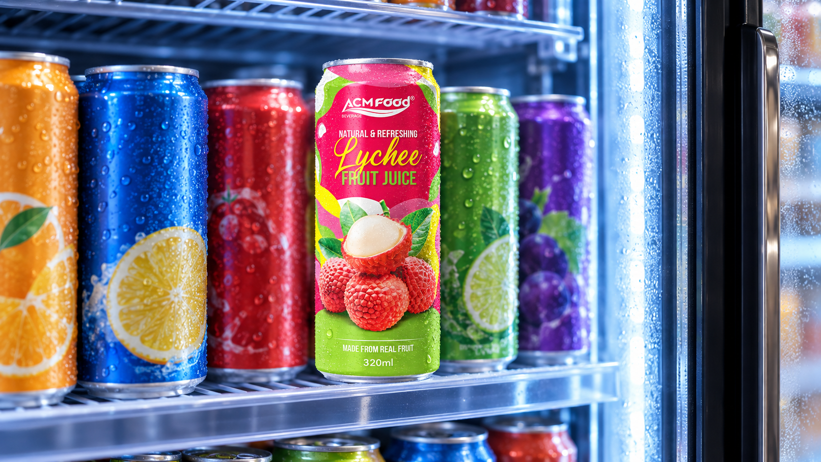 Close-up of a chilled beverage can standing in a convenience store cooler door among other drinks, cool blue-toned refrigerated lighting, realistic commercial retail photography, landscape composition, no legible labels