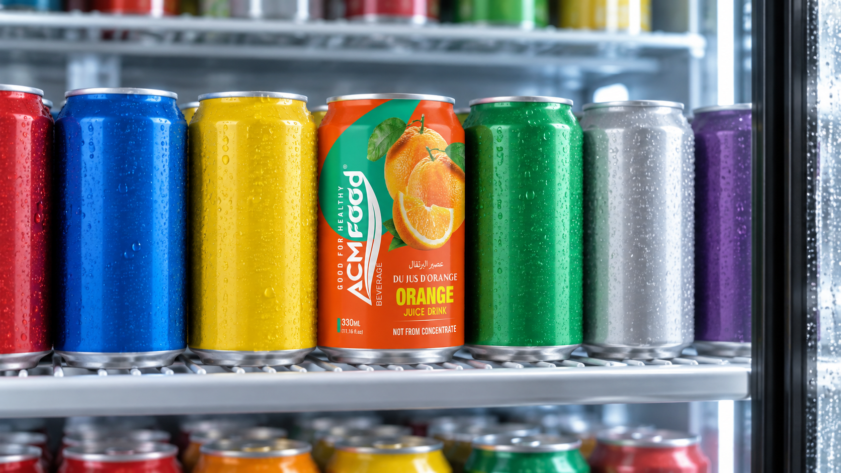 A row of finished unbranded single-serve beverage cans standing inside a convenience store cooler door, cool refrigerated lighting, realistic commercial retail photography, landscape composition, no legible labels