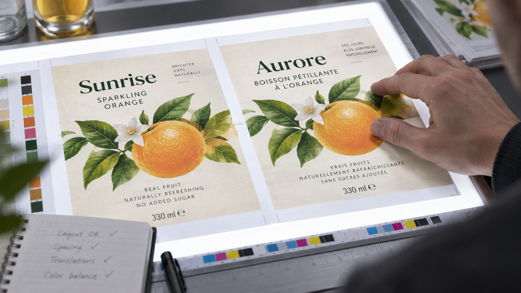 Close-up of a beverage label proof printed in two different European languages side by side on a light table, a designer's hand adjusting the layout, cool neutral studio lighting, realistic commercial print production photography, landscape composition