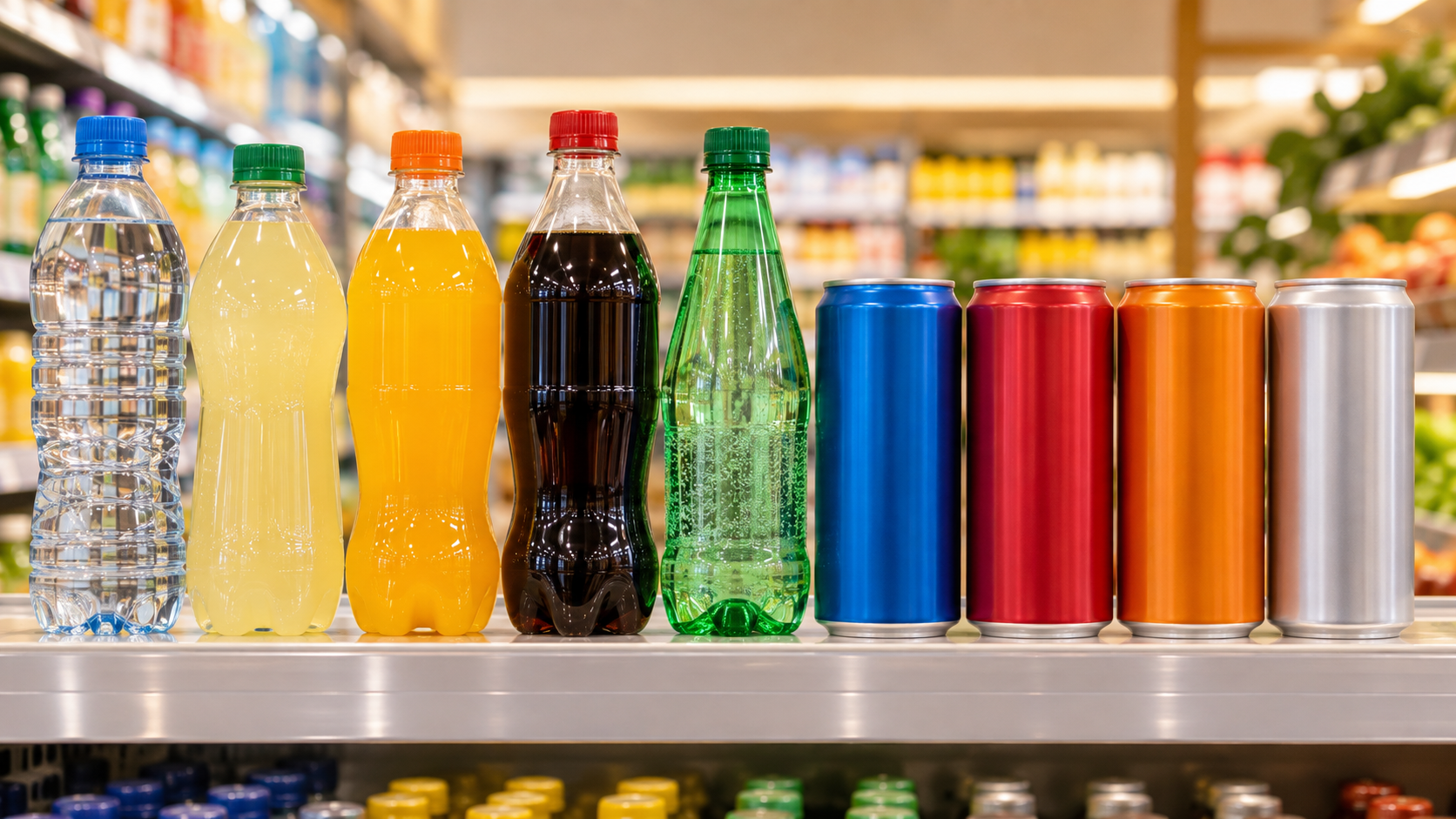 A row of finished unbranded beverage bottles and cans standing on a bright European-style supermarket shelf, seen at eye level, warm even retail lighting, realistic commercial retail photography, landscape composition, no legible labels