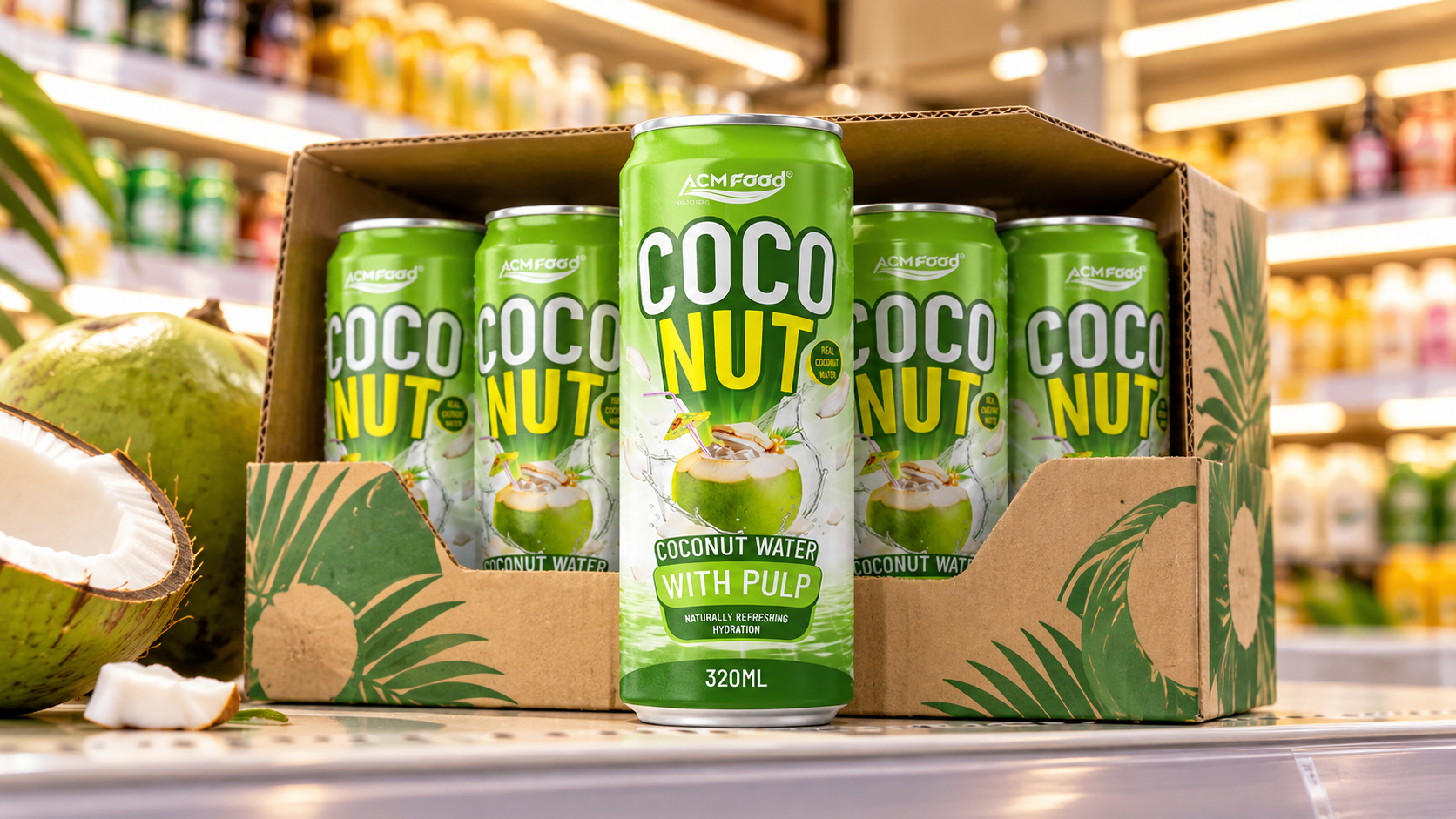 Close-up of a shelf-ready cardboard case with a beverage can display partially opened, standing in front of a bright supermarket shelf, warm retail lighting, realistic commercial retail photography, landscape composition, no legible text