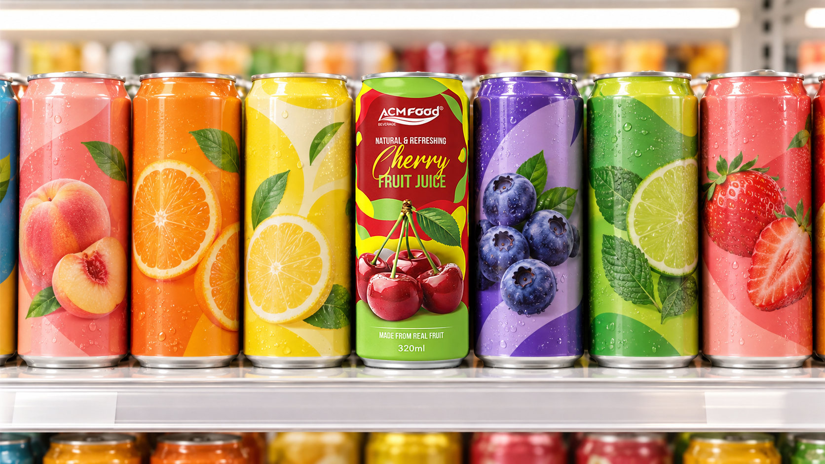 A row of finished unbranded beverage cans standing on a bright supermarket shelf mock-up, seen at eye level, warm even retail lighting, realistic commercial retail photography, landscape composition, no legible labels