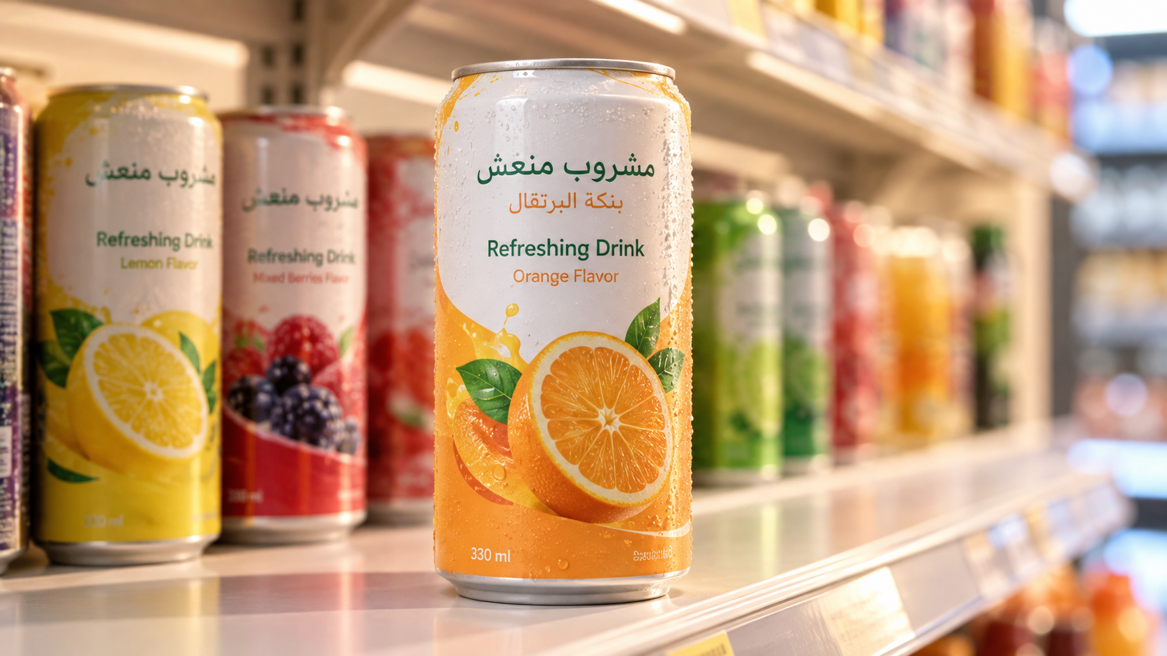 Close-up of an unbranded beverage can with Arabic and English text placeholders on the label, standing on a bright retail shelf mock-up, warm even lighting, realistic commercial retail photography, landscape composition, text not legible