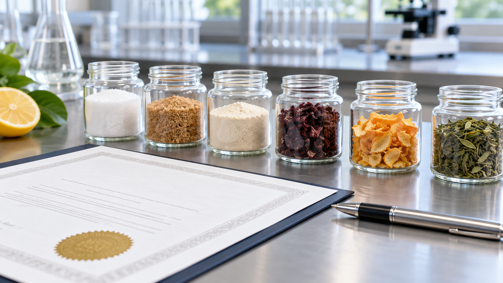 Close-up of a certification document and a pen resting beside a row of unbranded beverage ingredient samples in small glass jars on a clean laboratory bench, bright even lighting, realistic commercial documentation photography, landscape composition
