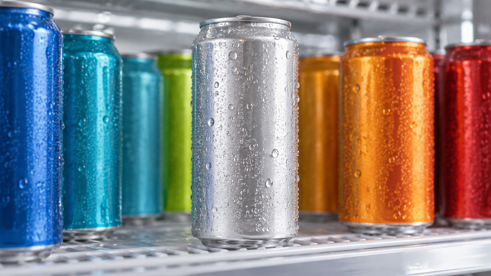 Close-up of an unbranded beverage can standing on a bright chilled retail shelf mock-up with other cans slightly out of focus around it, even retail lighting, realistic commercial retail photography, landscape composition, no legible text