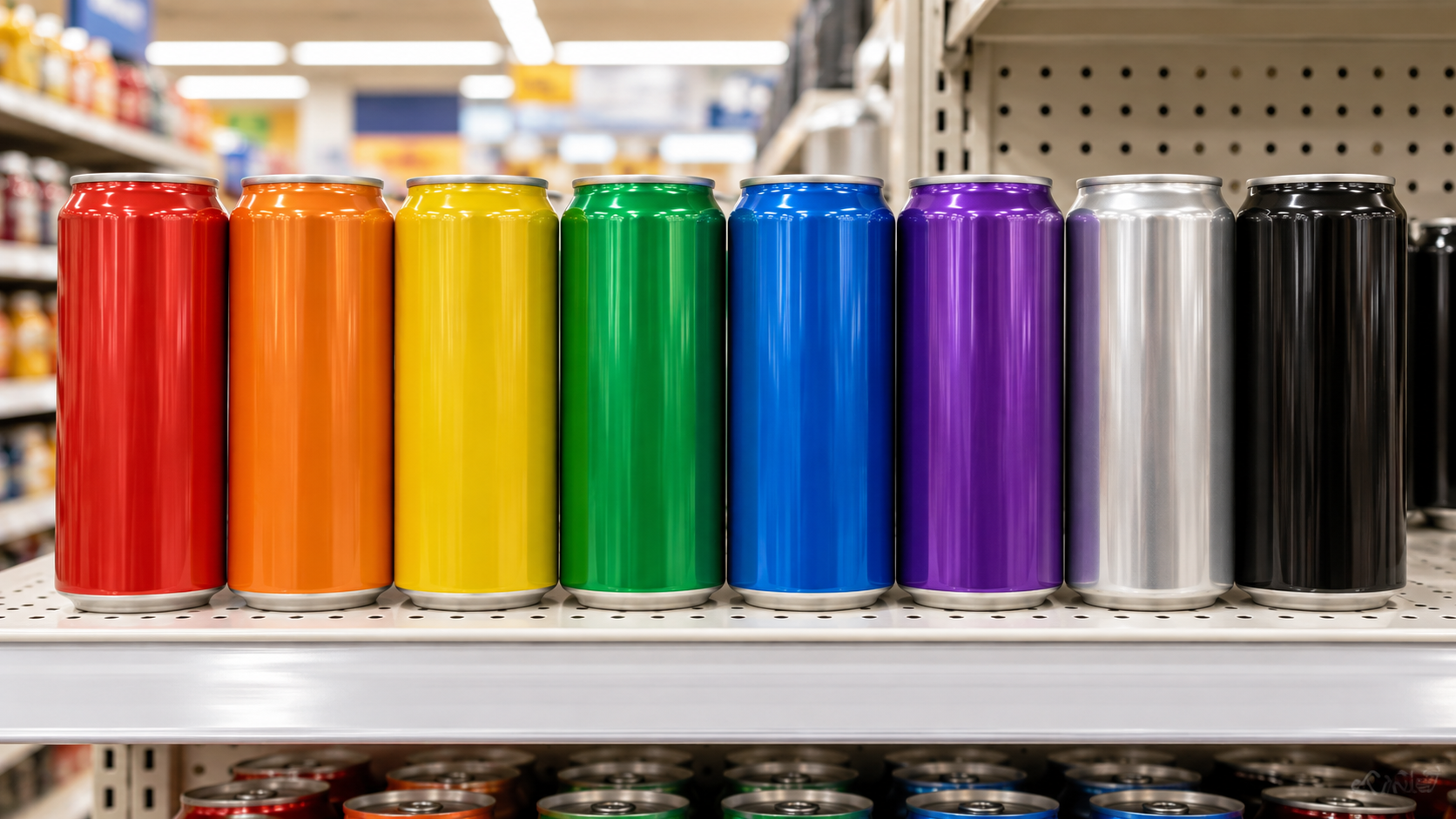 A row of finished unbranded beverage cans standing on a bright US-style supermarket shelf, seen at eye level, warm even retail lighting, realistic commercial retail photography, landscape composition, no legible labels