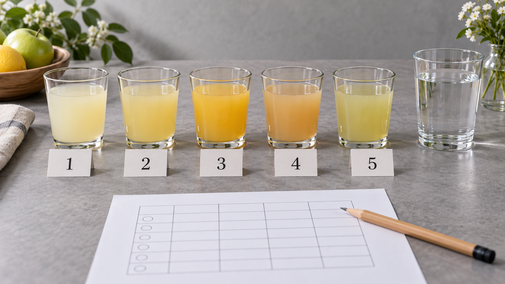 A tasting setup on a neutral grey table: five small clear glasses of different pale juices in a row with plain numbered cards, a glass of water, a pencil and a scoring sheet, even soft daylight, realistic commercial photography, landscape composition, no legible writing