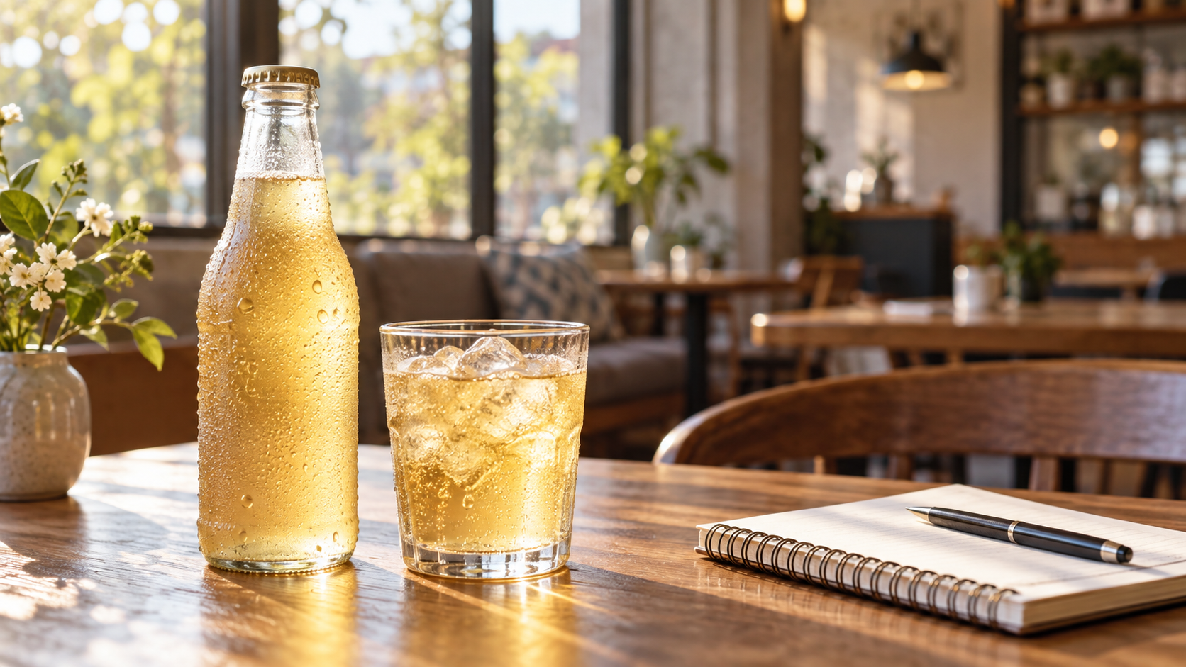 Close-up of a chilled unbranded beverage bottle and a filled glass on a cafe table beside a notebook, warm afternoon window light, a softly blurred interior behind, realistic commercial lifestyle photography, landscape composition, generous negative space