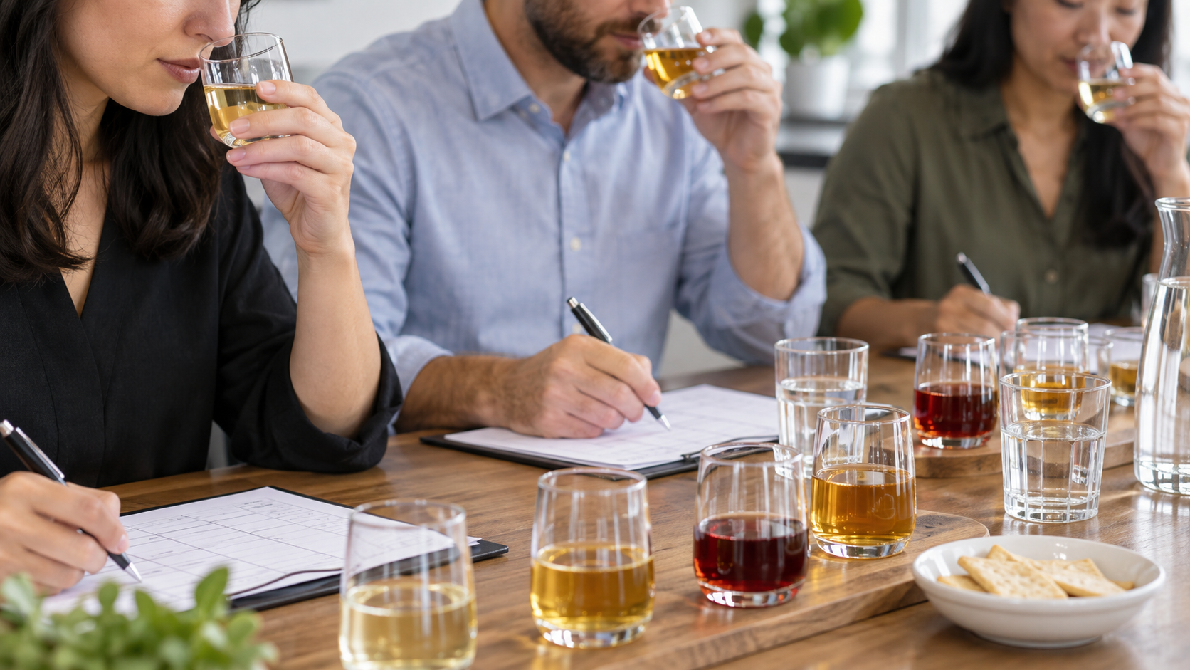 Close-up of a taste panel session with several small glasses of beverage samples and tasting score sheets on a table, bright even lighting, realistic commercial documentation photography, landscape composition