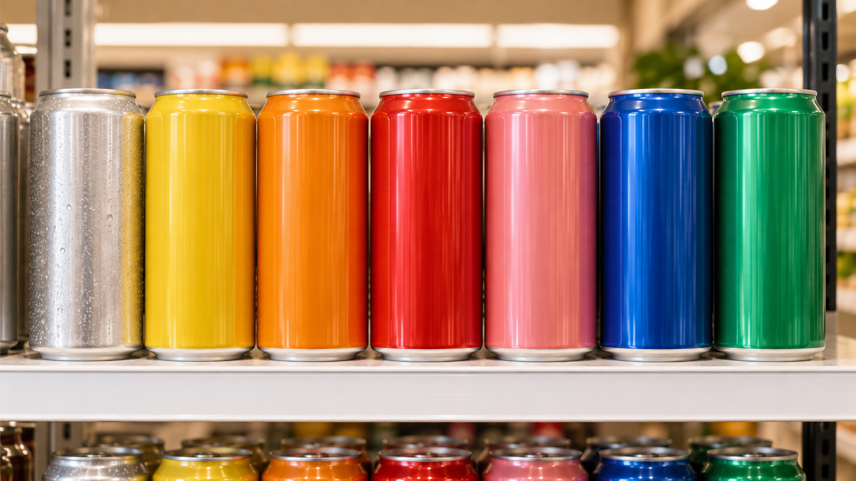 A row of finished unbranded beverage cans standing on a bright retail shelf mock-up, seen at eye level, warm even lighting, realistic commercial retail photography, landscape composition, no legible labels