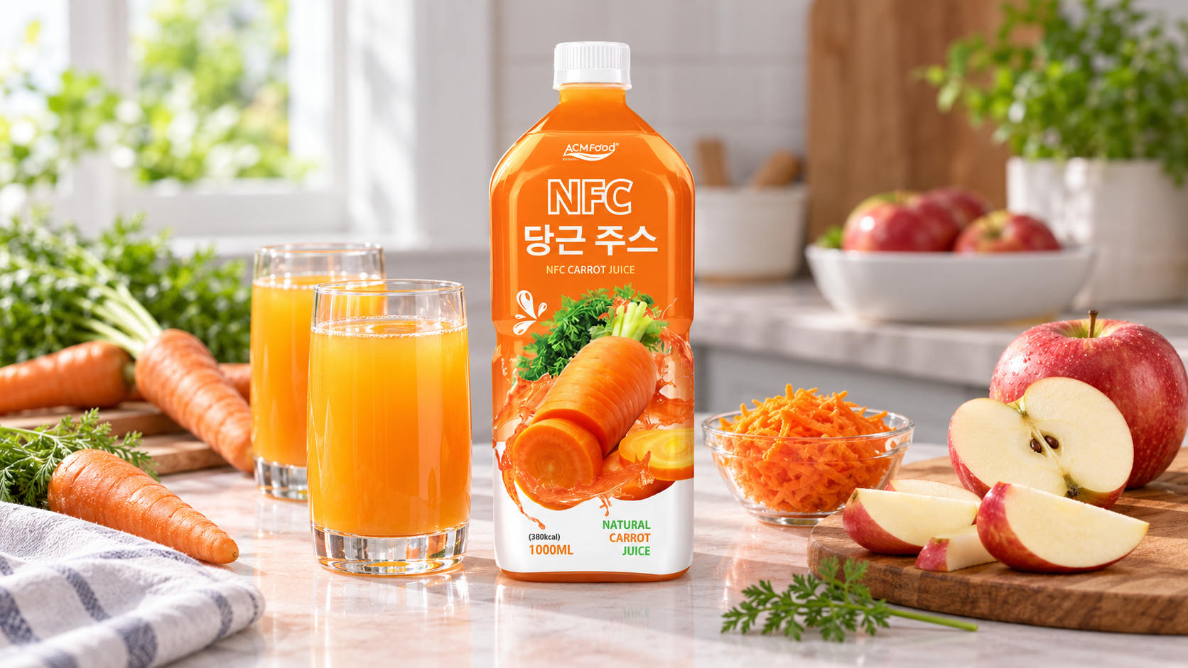Glasses of golden carrot and apple juice on a kitchen counter next to sliced apples and a small bowl of grated carrot, diffused daylight, clean modern styling