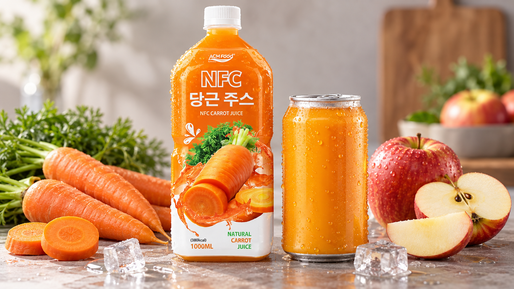 Close-up of a glass bottle and an aluminium can of golden carrot apple juice with condensation on a neutral surface, shallow depth of field