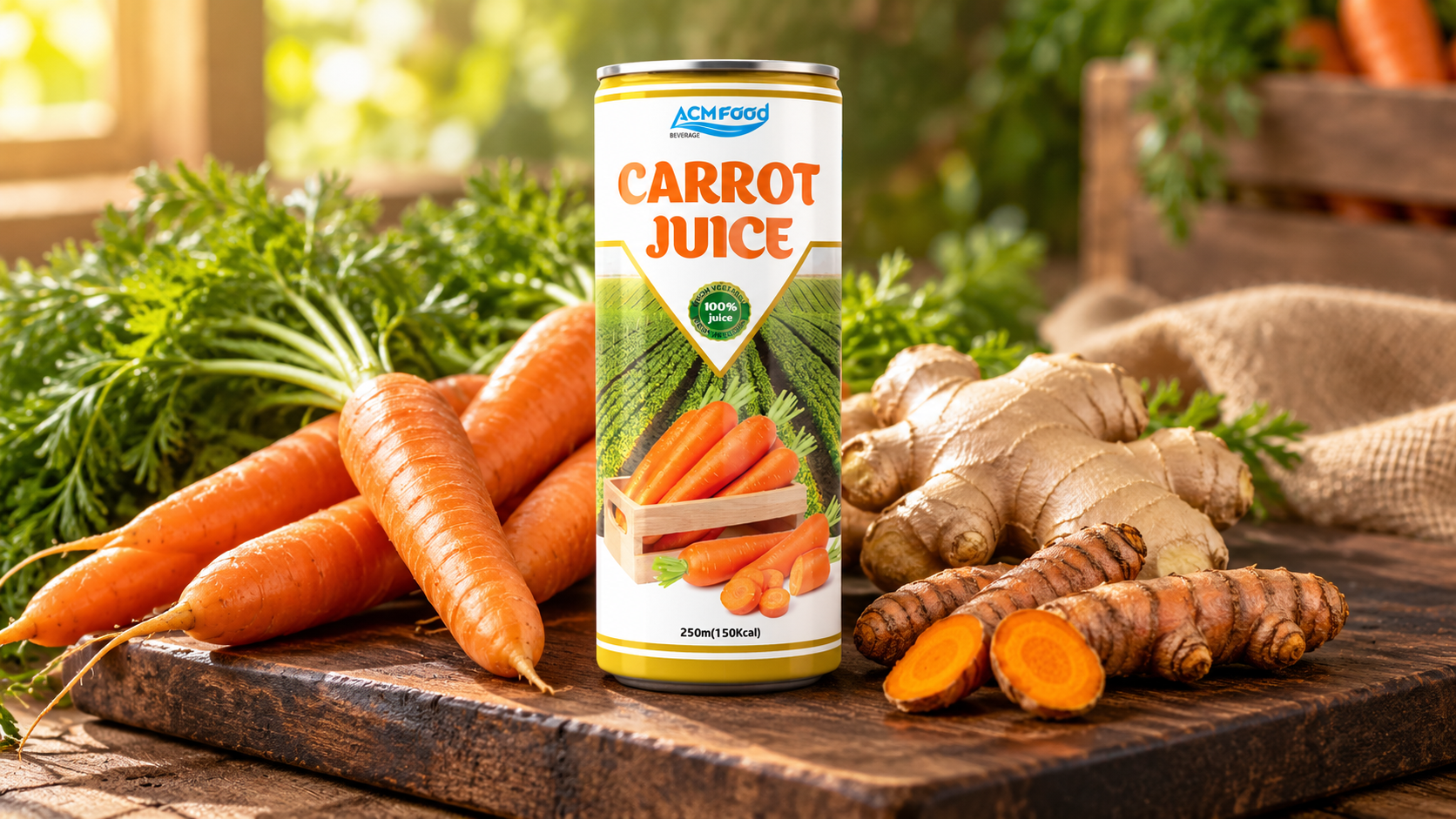 Orange carrots, fresh ginger root and a few turmeric roots on a dark wooden board in warm natural light, landscape commercial food photography