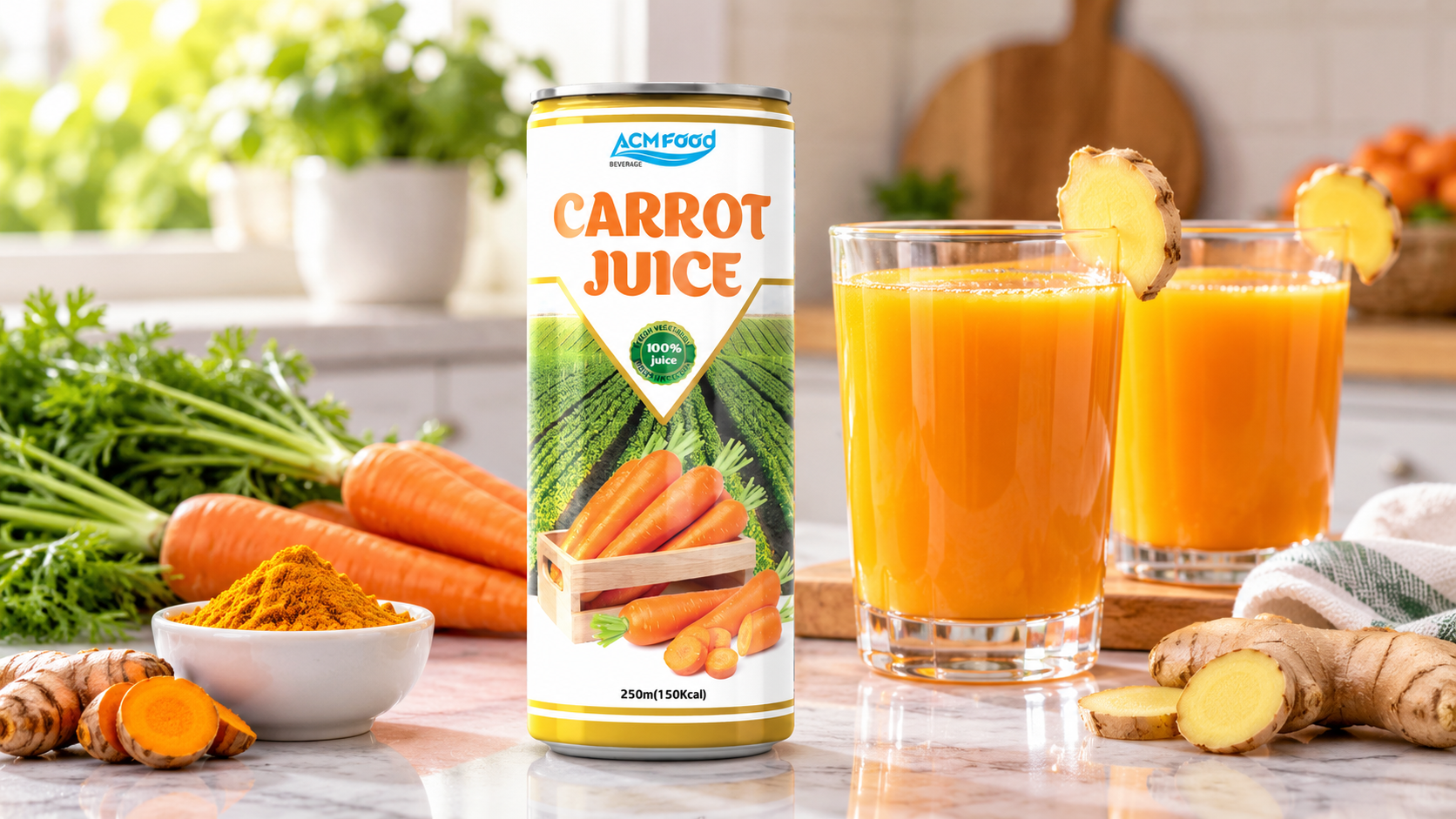 Two glasses of golden orange juice with a ginger slice on the rim on a bright kitchen table beside a small bowl of turmeric, diffused daylight, clean styling