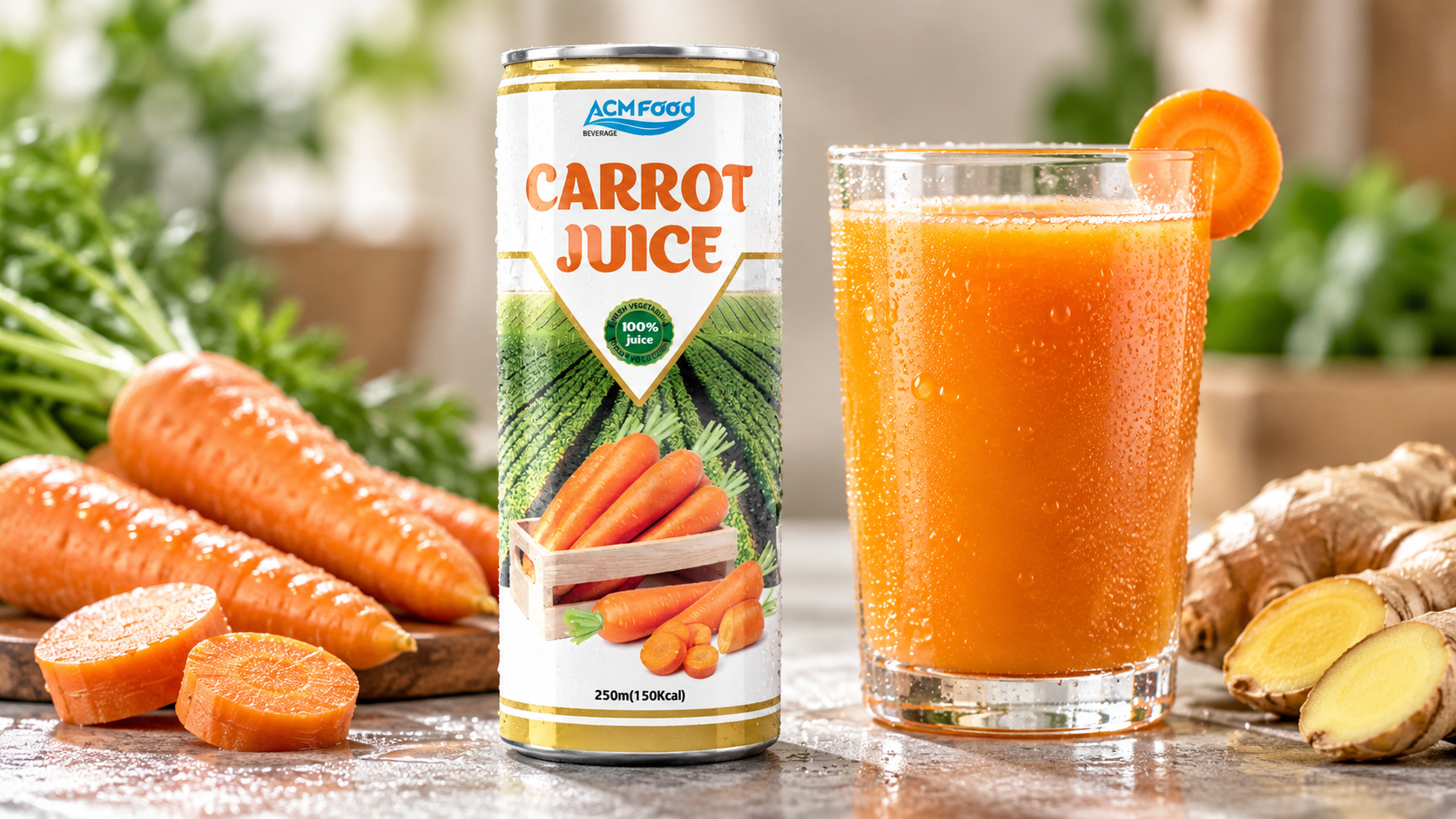 Close-up of a slim aluminium can and a glass of golden carrot ginger juice with condensation on a neutral surface, shallow depth of field