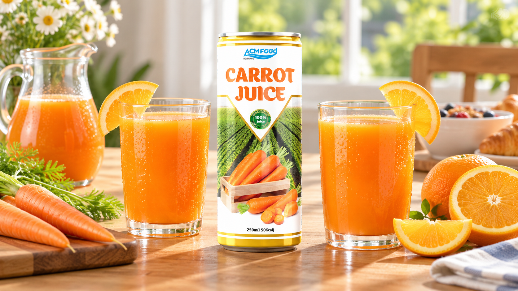 Two glasses of bright orange carrot and orange juice on a sunny breakfast table with a small jug and orange slices, diffused daylight, clean styling