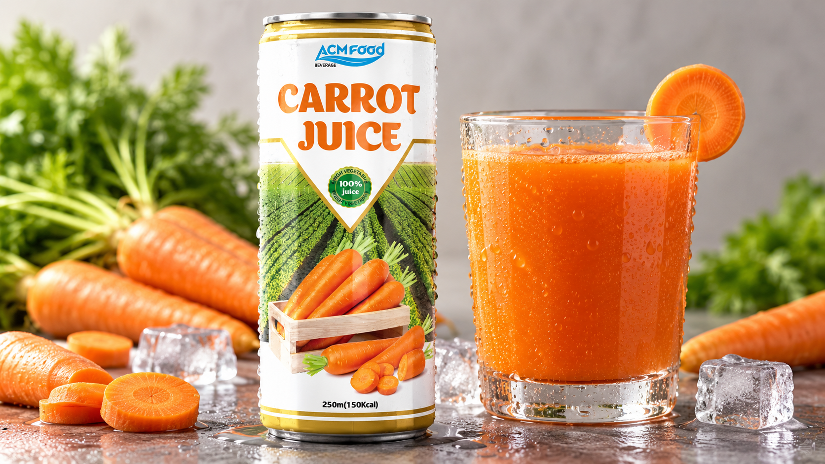 Close-up of a chilled aluminium can and a clear glass of carrot orange juice with condensation on a neutral background, shallow depth of field