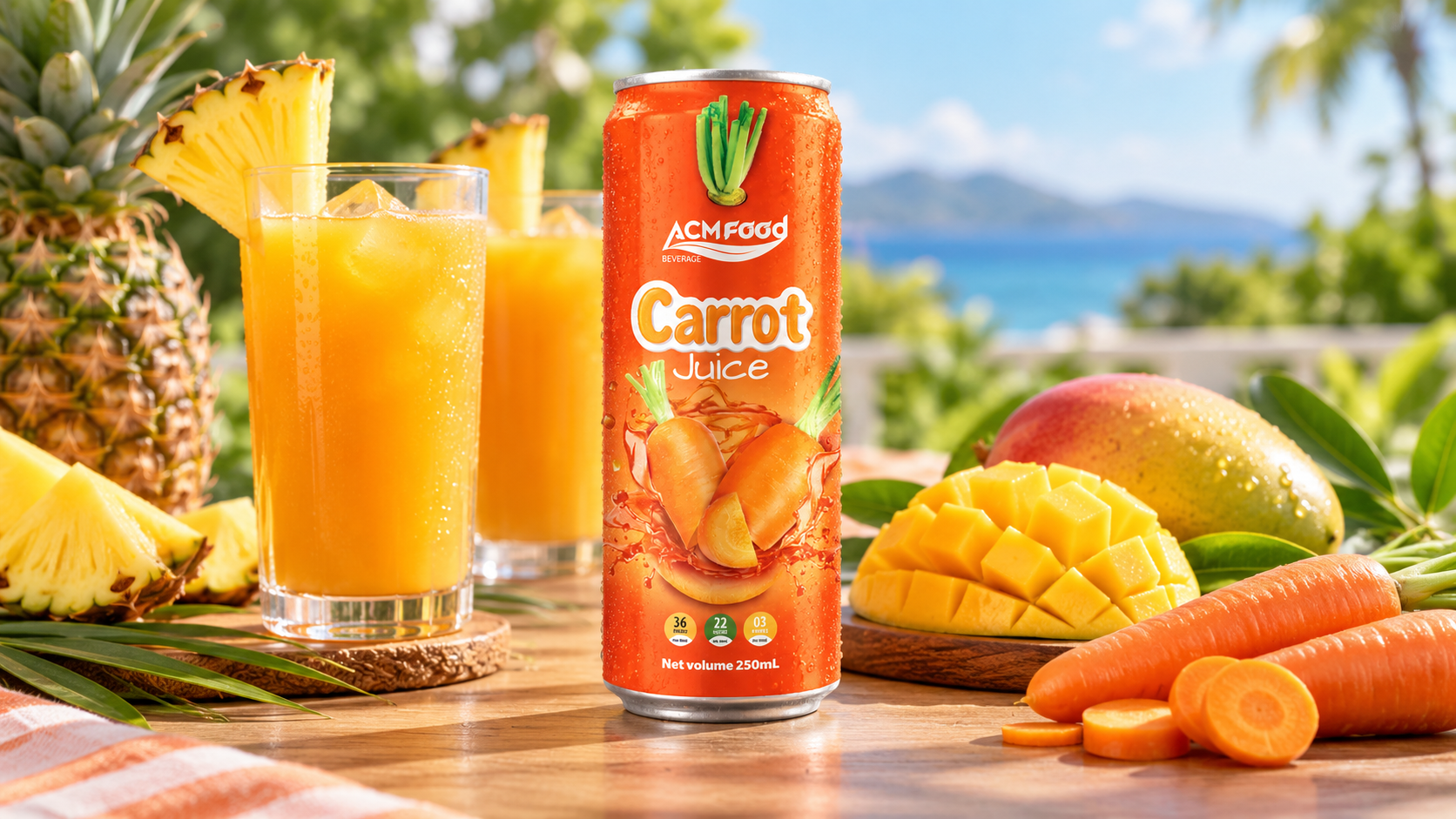 Tall glasses of golden-orange carrot and tropical fruit juice on a sunny outdoor table with pineapple wedges and mango slices, diffused daylight, clean styling