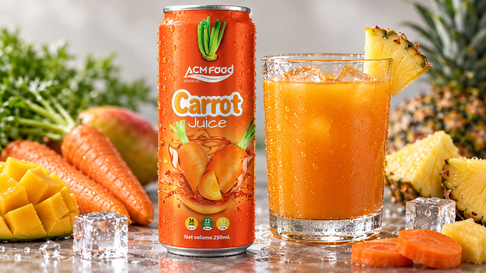 Close-up of a chilled aluminium can and a glass of golden carrot pineapple mango juice with condensation on a neutral background, shallow depth of field
