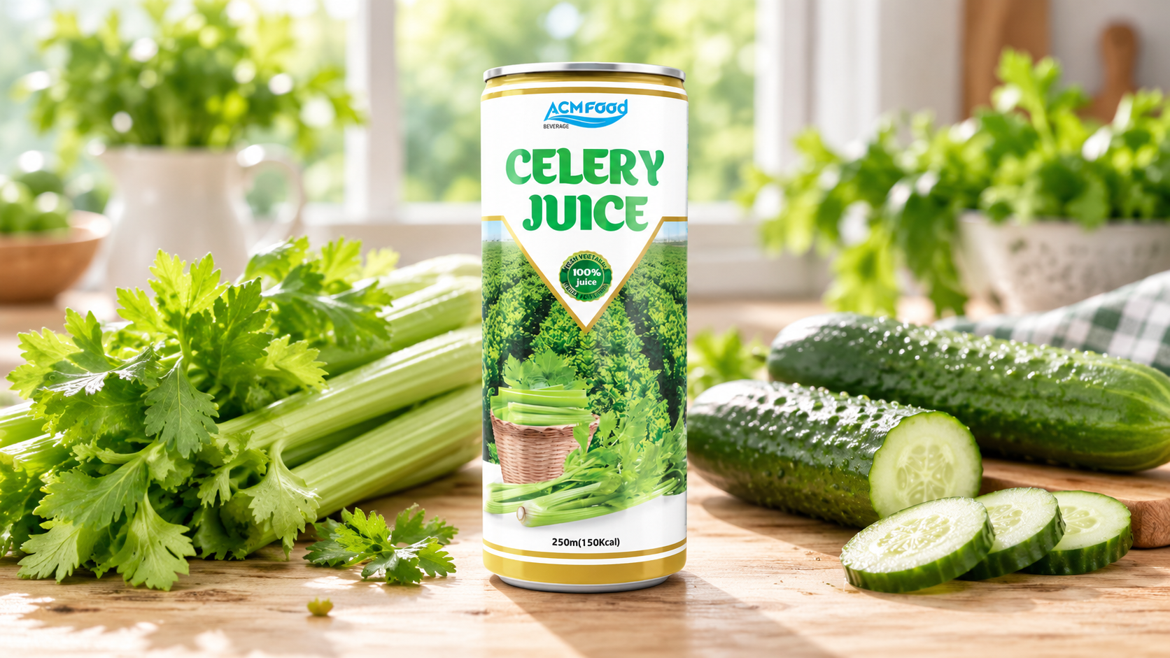 Fresh celery stalks with leaves and whole cucumbers arranged on a light wooden table, soft natural window light, landscape commercial food photography