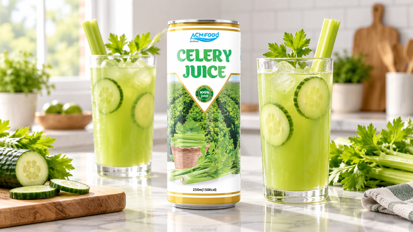 Two tall glasses of pale green juice with cucumber slices and a celery stick on a bright kitchen counter, diffused daylight, clean modern styling