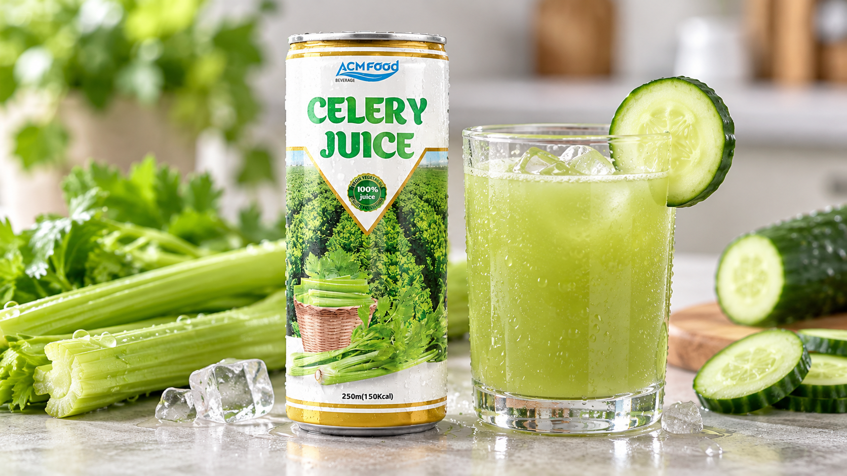 Close-up of a slim aluminium can and a clear glass of pale green celery and cucumber juice with condensation on a neutral surface, shallow depth of field