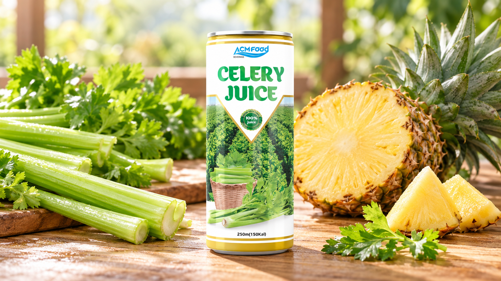 Fresh celery stalks and a halved pineapple with green leaves on a bright wooden table in warm natural light, landscape commercial food photography
