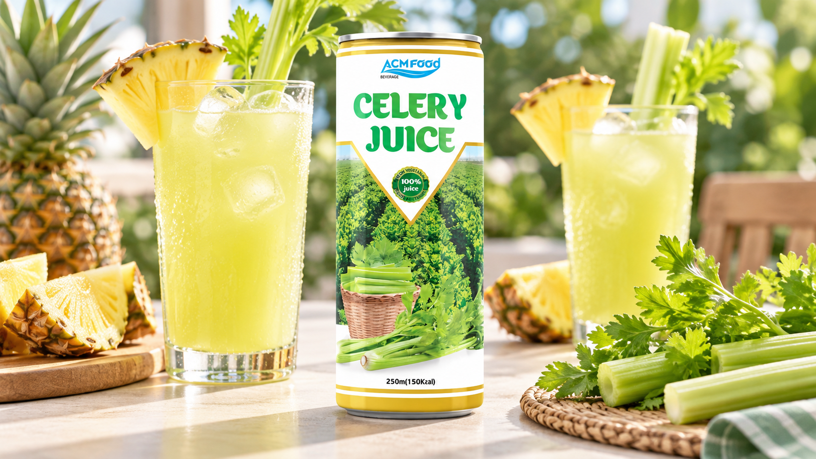 Tall glasses of pale yellow-green juice with pineapple wedges and a celery stick on a sunny table, diffused daylight, clean modern styling