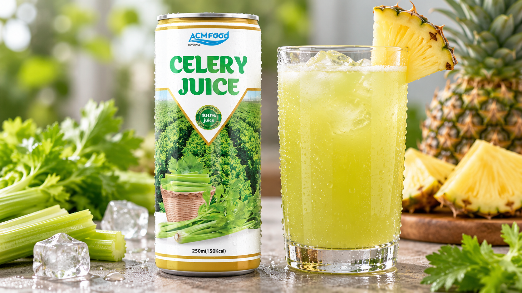 Close-up of a chilled aluminium can and a clear glass of pale yellow-green celery pineapple juice with condensation on a neutral surface, shallow depth of field